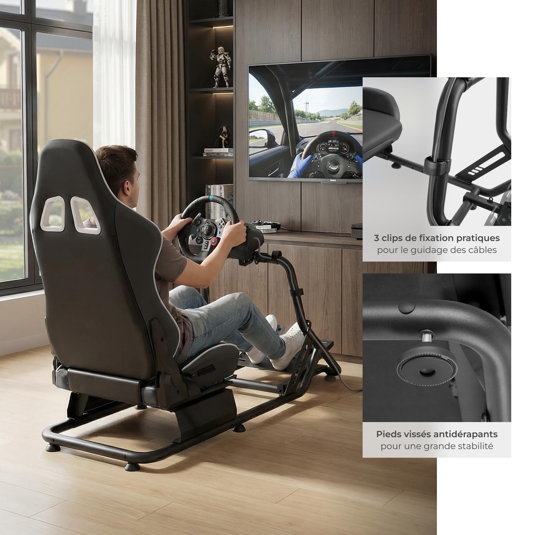 tectake® Fauteuil gaming Simulateur de conduite, 57x144x108,5 cm, Chaise Gaming baquet GT, Nombreux Réglages, Support Volant et Pédalier, Cockpit Simracing pour Volant Logitech, Thrustmaster, Fanatec