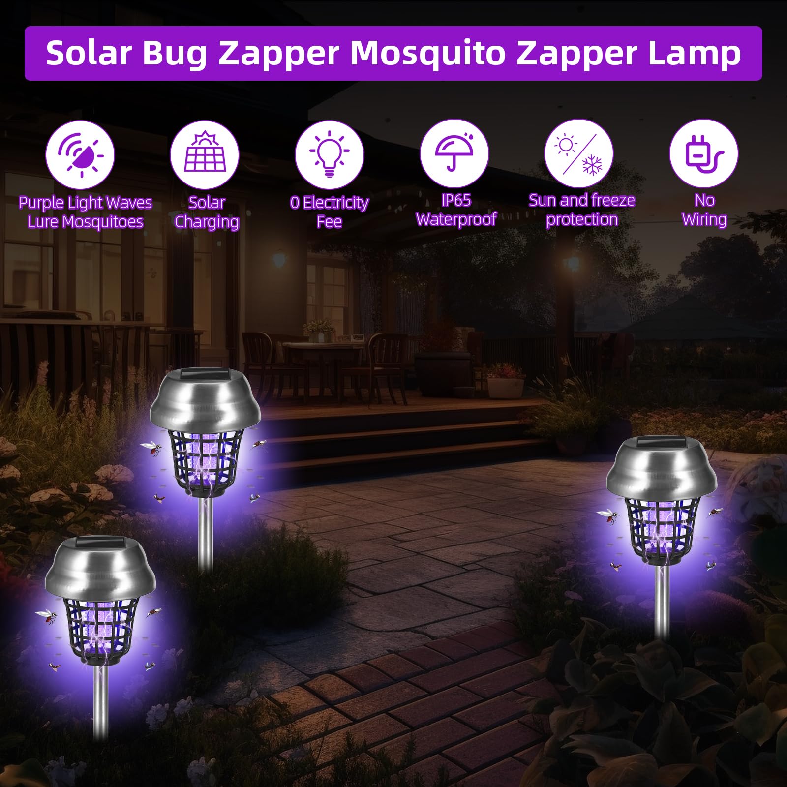 Solarbetriebener Insektenvernichter für den Außenbereich, wasserdicht, solarbetrieben, für den Außenbereich, Terrasse, schnurlos und automatisches Ein- und Ausschalten, violettes und weißes Licht für