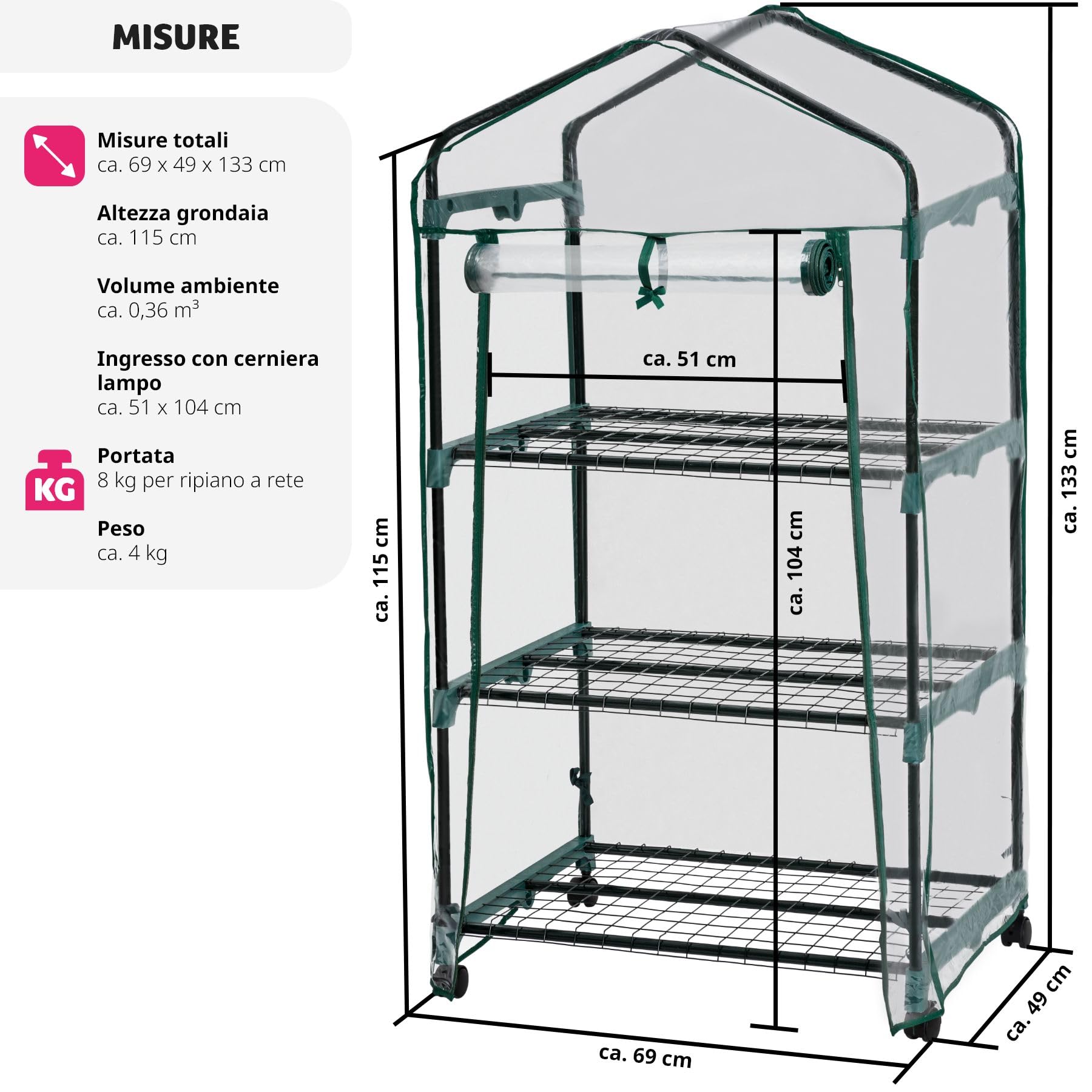 tectake® Serra da Giardino con Telaio in Acciaio, Serra da Esterno con 3 Piani di Appoggio, Griglia in Metallo, Pellicola in PVC, Comoda Porta di Accesso, Trasportabile, 69x49x133 cm