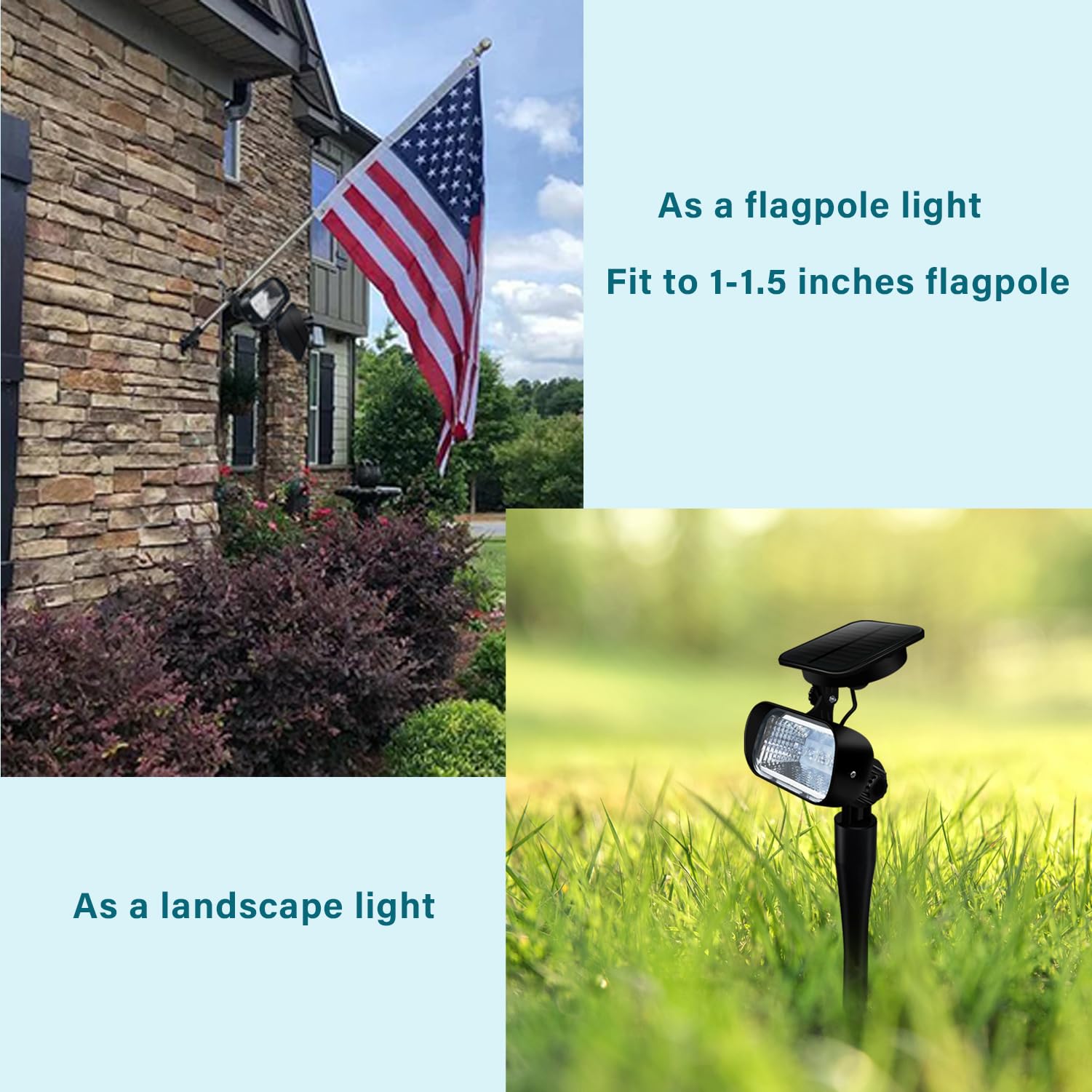 Etzeaxus Flag Pole Light Solar Powered, 2200mAh 2-in-1 Solar Light for Flagpole and Ground, Metal Clamps Fits 1” to 1.5” Flagpole, Ground Stake Light, Outdoor Dusk to Dawn for Wall-Mount Flag Poles
