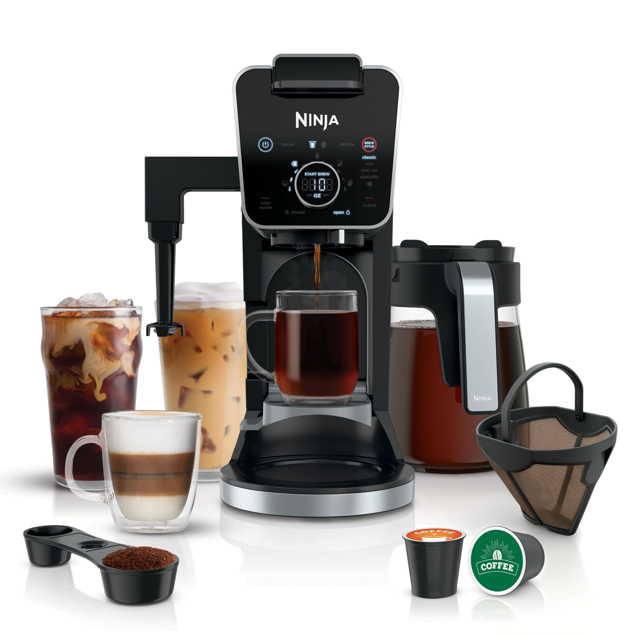 Ninja Specialty 드립 커피 메이커 | DualBrew™ Pro 스페셜티 커피 머신, 거품기, 영구 필터 포함 | 포드 및 그라운드 포함, K 컵 호환 | 4가지 브루 스타일, 13컵에서 냄비 사이즈 | 블랙 CFP307