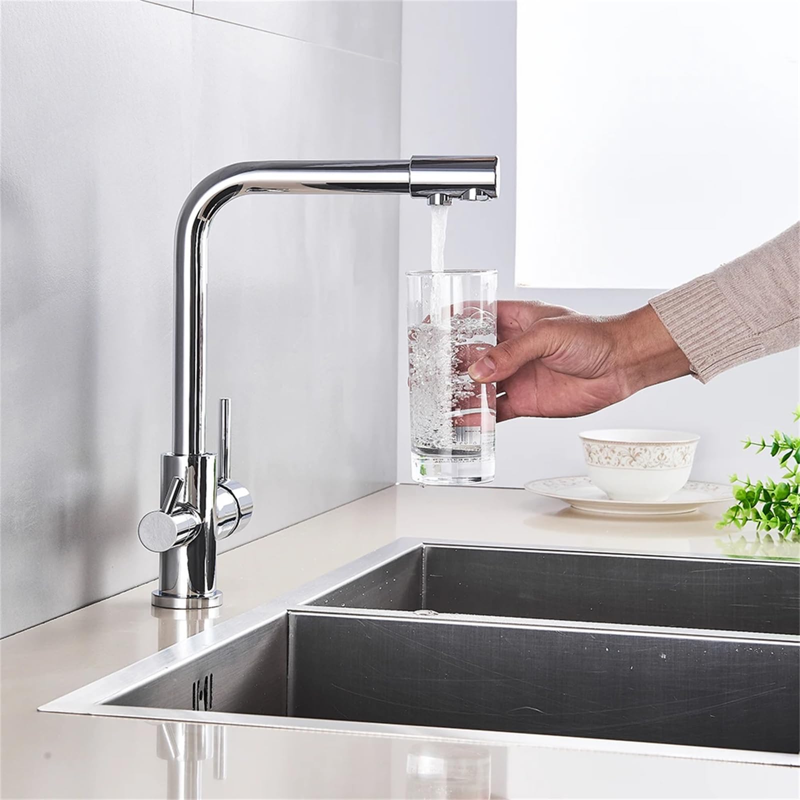 Grifo de cocina, grifo de latón cromado, agua purificada, grifo de cocina, grifo, filtro de agua, grifo, montaje en encimera, manijas dobles, grifos de agua fría y caliente, grifo de latón antigu