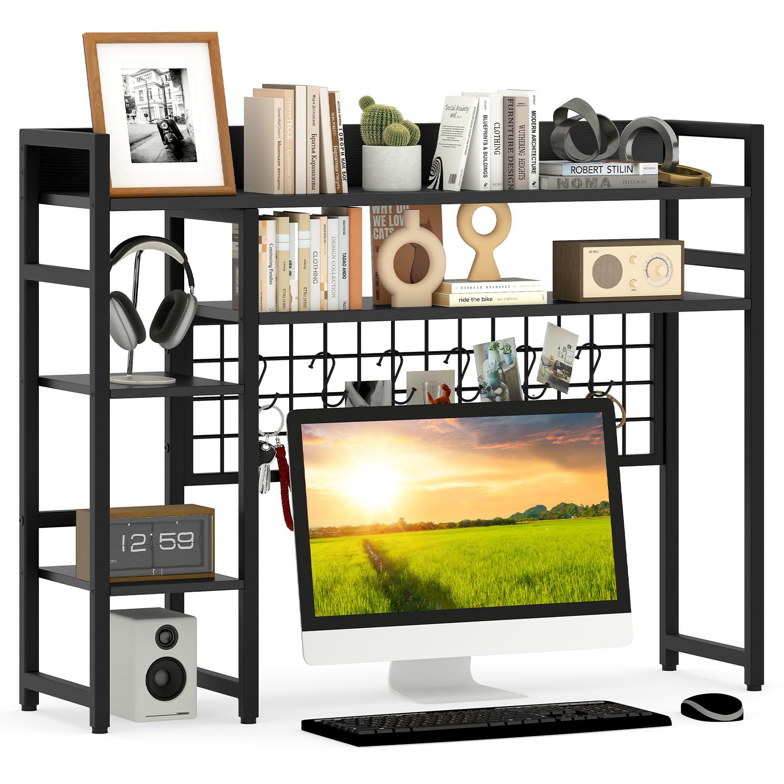 Giantex Desktop Bookshelf, 37" Desk Shelf for Up to 32" Computer Monitors, 4 Tier Desktop Display Shelves with Grid Panel, 6 Movable Hooks, Anti-tip