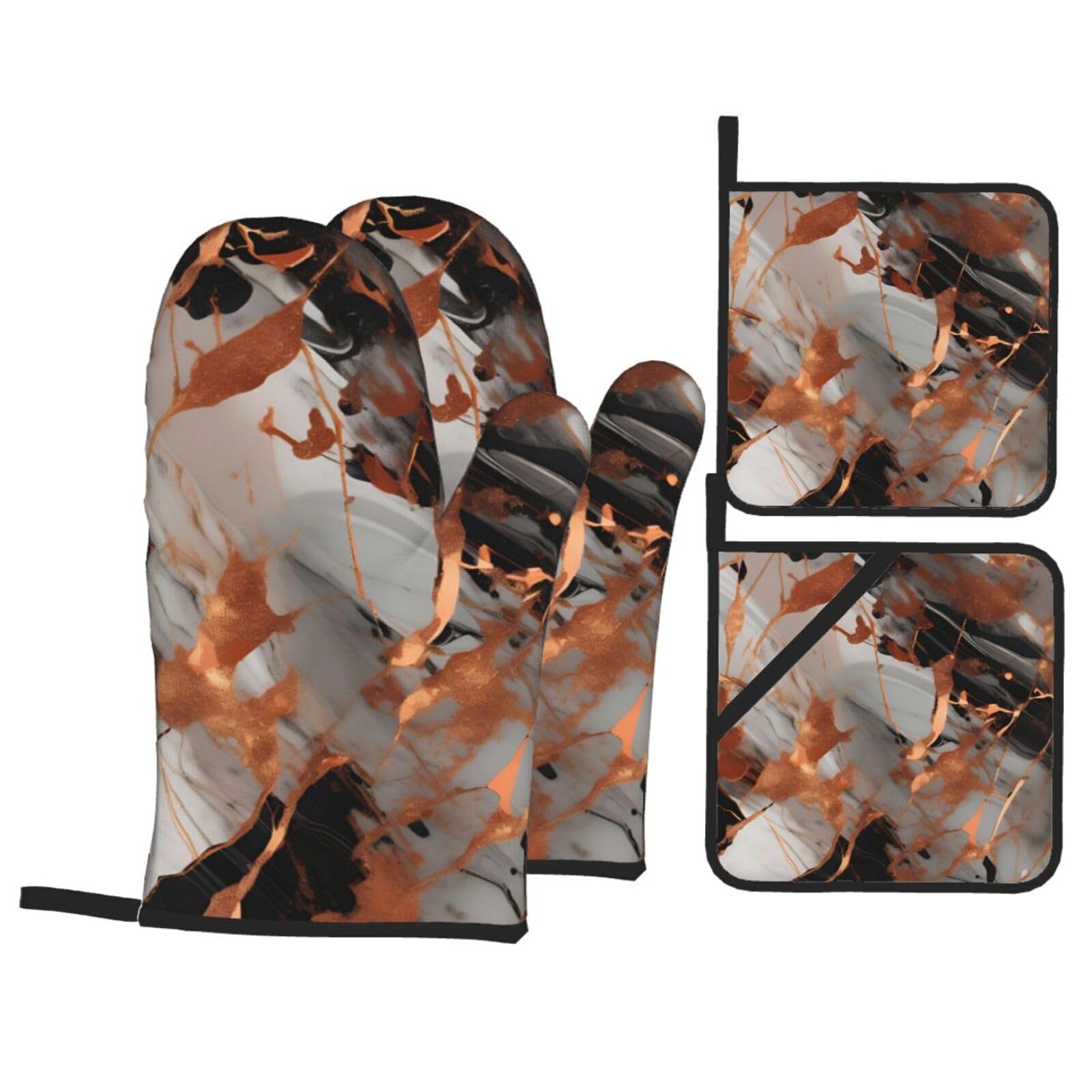 Nimongt Black Marble Texture Copper Splatter Print Heat-Resistant 4-Piece Oven Kitchen Gloves For Baking Cooking Microwaving Essentials