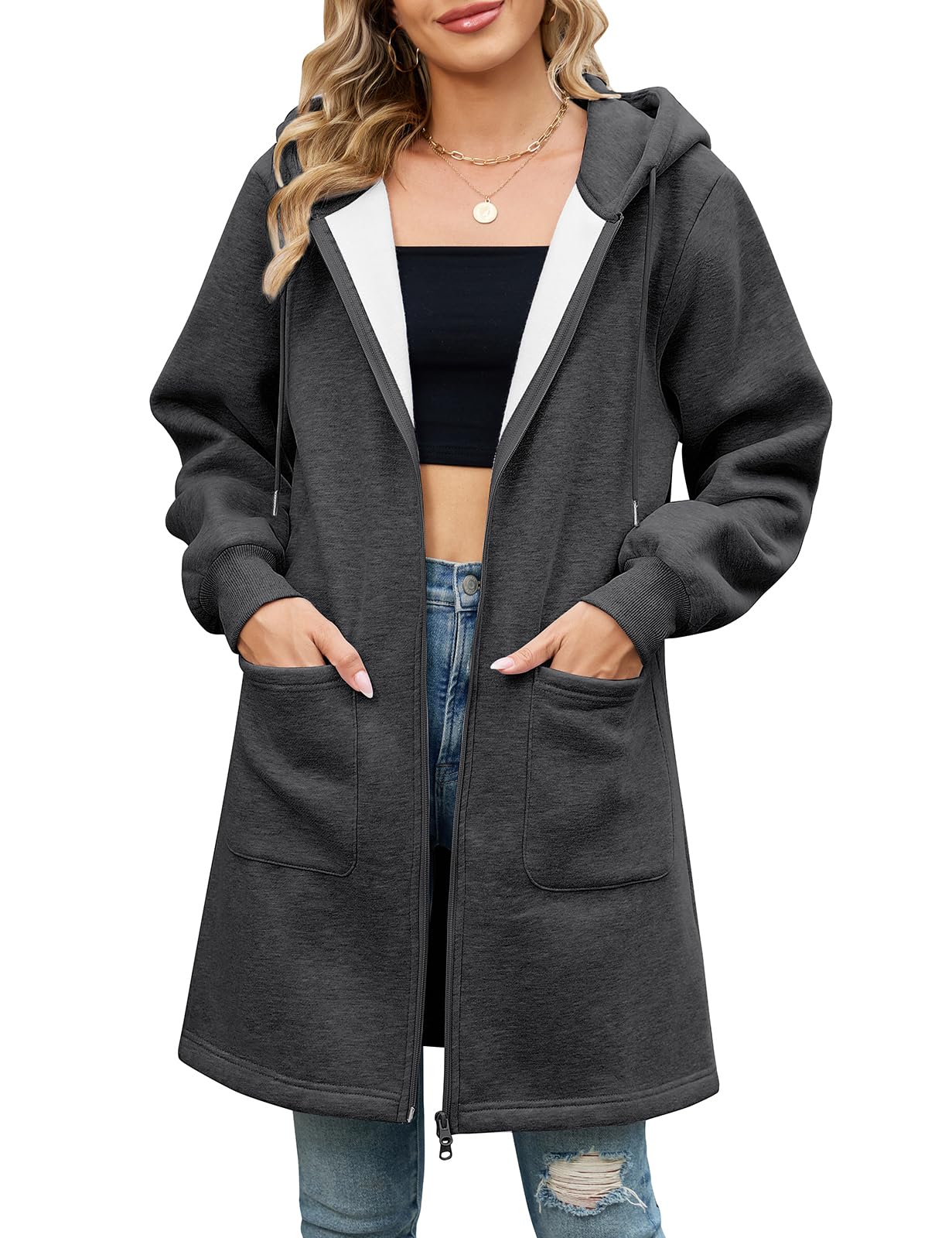Vancavoo Fleecejacke Damen Sweatjacke mit Kapuze Lange Übergangsjacke | Elegant Kapuzenjacke, Reißverschluss Hoodie Jacke, Rippbündchen und Taschen für Alltag, Frühling und Herbst