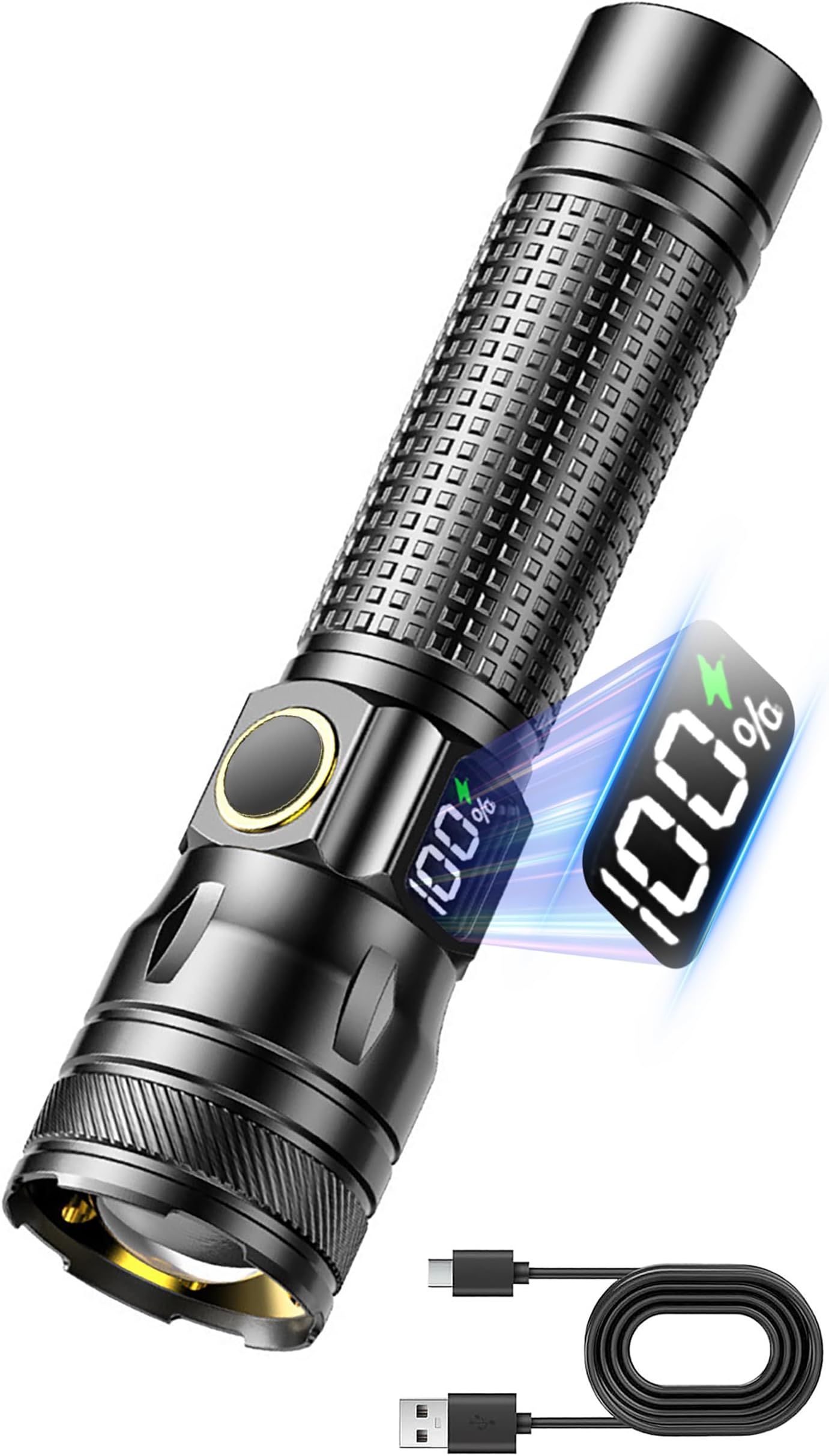 Rechargeable LED Flashlights with Digital Power Display, Zoomable High Lumens Bright EDC Flashlight with USB C Charging Port for Home and Outdoor Emergency, Camping Essentials, Survival Gear