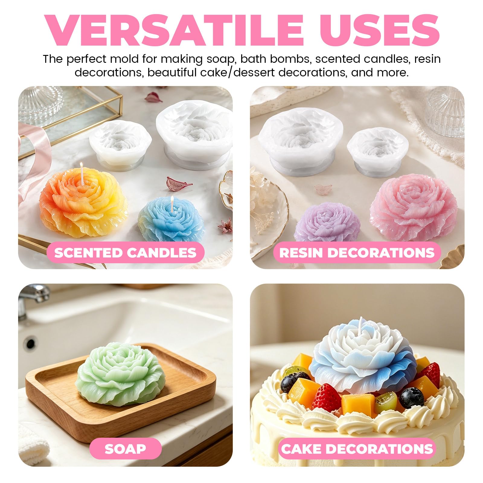 Paquete de 3 moldes de silicona 3D de flores de peonía para hacer velas, con 15 mechas de vela, moldes de flores para cera de soja, resina epoxi, jabón, fondant, chocolate, mediano