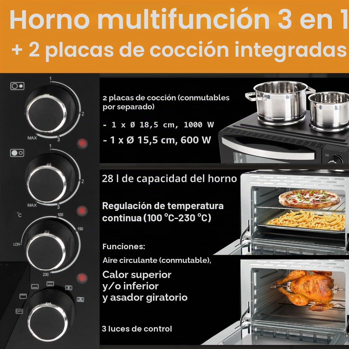 Clatronic® Minihorno con placas y asador giratorio - cocción y horneado simultáneos - 28L convección arriba/abajo calor 100°-230°C, minihorno eléctrico 3100 Watt incl. accesorios - KK 3786