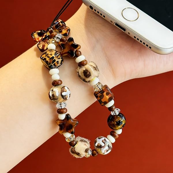 Leopard Print Phone Charm with Beaded Design,Y2K Star Phone Charms Accessories with Bow Detail for Bag Keychain Camera - 3