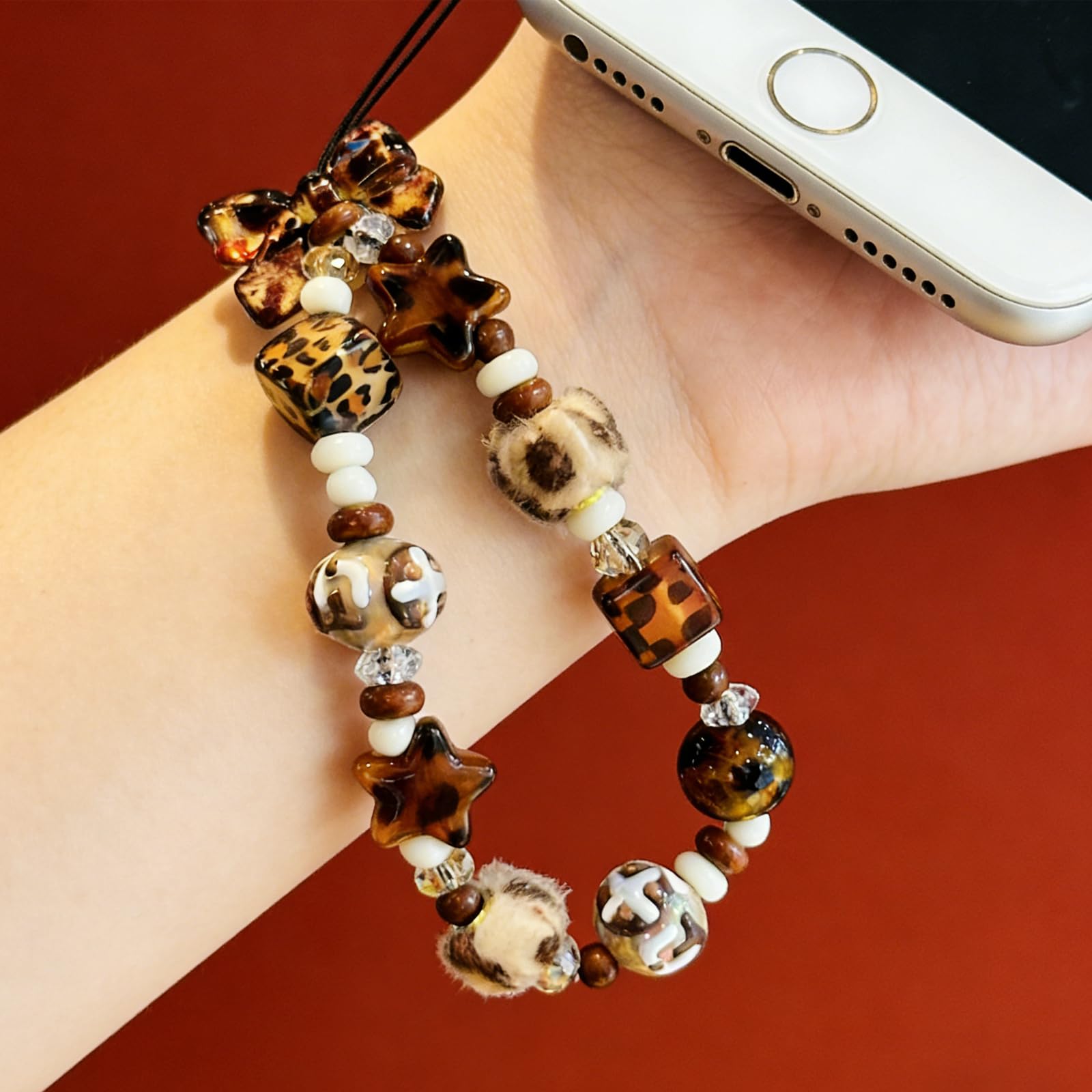 Leopard Print Phone Charm with Beaded Design,Y2K Star Phone Charms Accessories with Bow Detail for Bag Keychain Camera — view 3