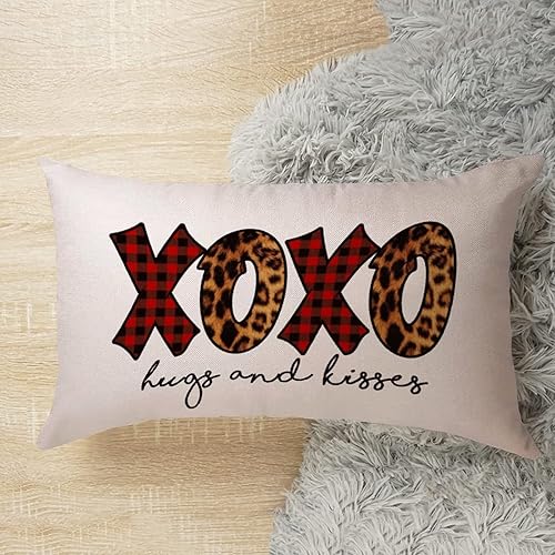 Miniatura 5 de Fundas de almohada decorativas de 12 x 20 pulgadas de algodón y lino con estampado de leopardo XOXO para el día de San Valentín para el sofá el día