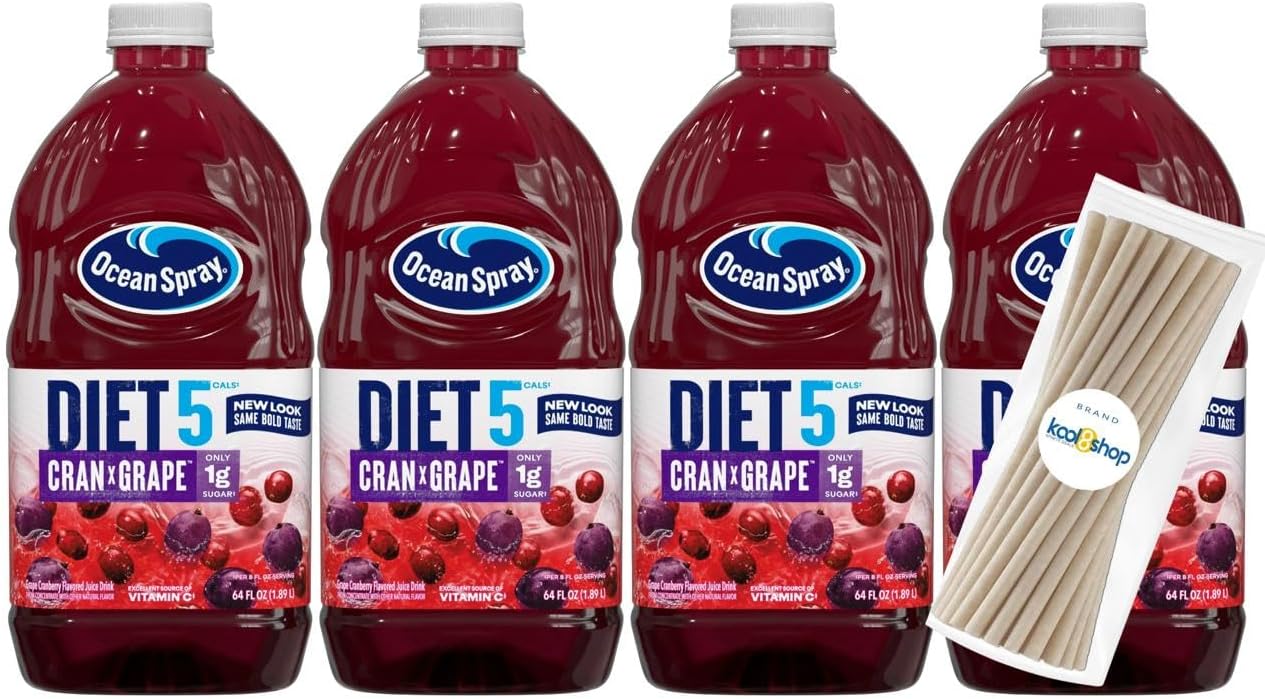 Diet Cran Grape Juice Drink 64 fl oz Plastic Bottle 4 Pack + 15 Sugarcane Disposable Straws by KOOL8SHOP Infinite Deals