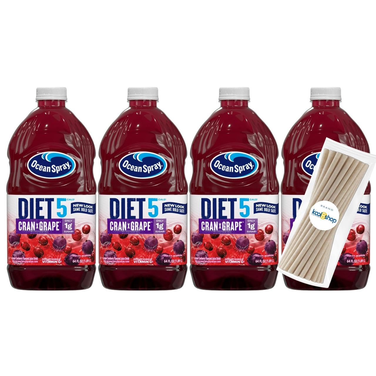 Diet Cran Grape Juice Drink 64 fl oz Plastic Bottle 4 Pack + 15 Sugarcane Disposable Straws by KOOL8SHOP Infinite Deals
