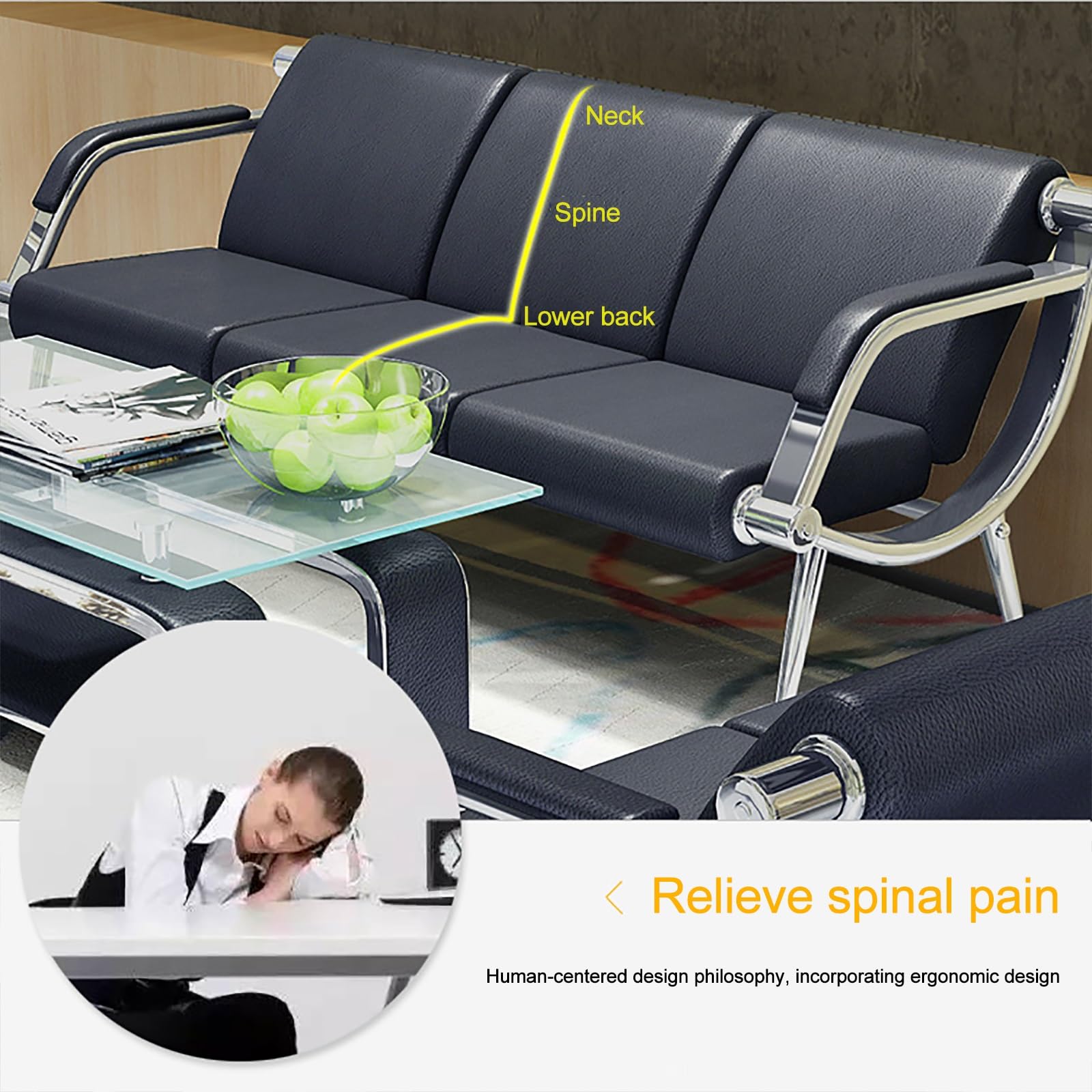 3-Sitzer Büroempfangs-wartestühle - Gästestühle und Empfangsstühle für Schönheitssalon, Friseursalon, Flughafen, Bank und Hall, Leder-Bürosofa für Besucher(Orange+Gray)