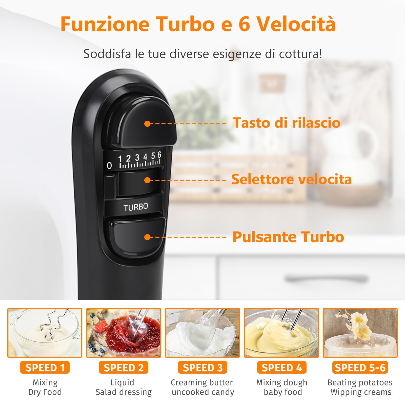 Aigostar Pudding - Sbattitore Elettrico, 6 Velocità e Turbo, Frusta Elettrica, 400W, Miscelazione Silenziosa. Dotato di 2 Fruste, 2 Ganci Impastatori, frusta e contenitore.