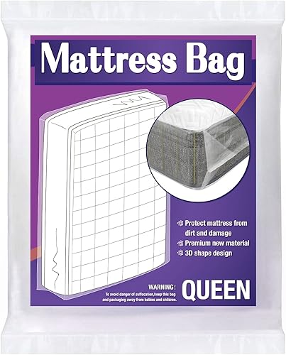 Bolsa de colchón para almacenamiento en movimiento, funda de colchón resistente de 5 mil, súper gruesa y resistente a desgarros (Queen)
