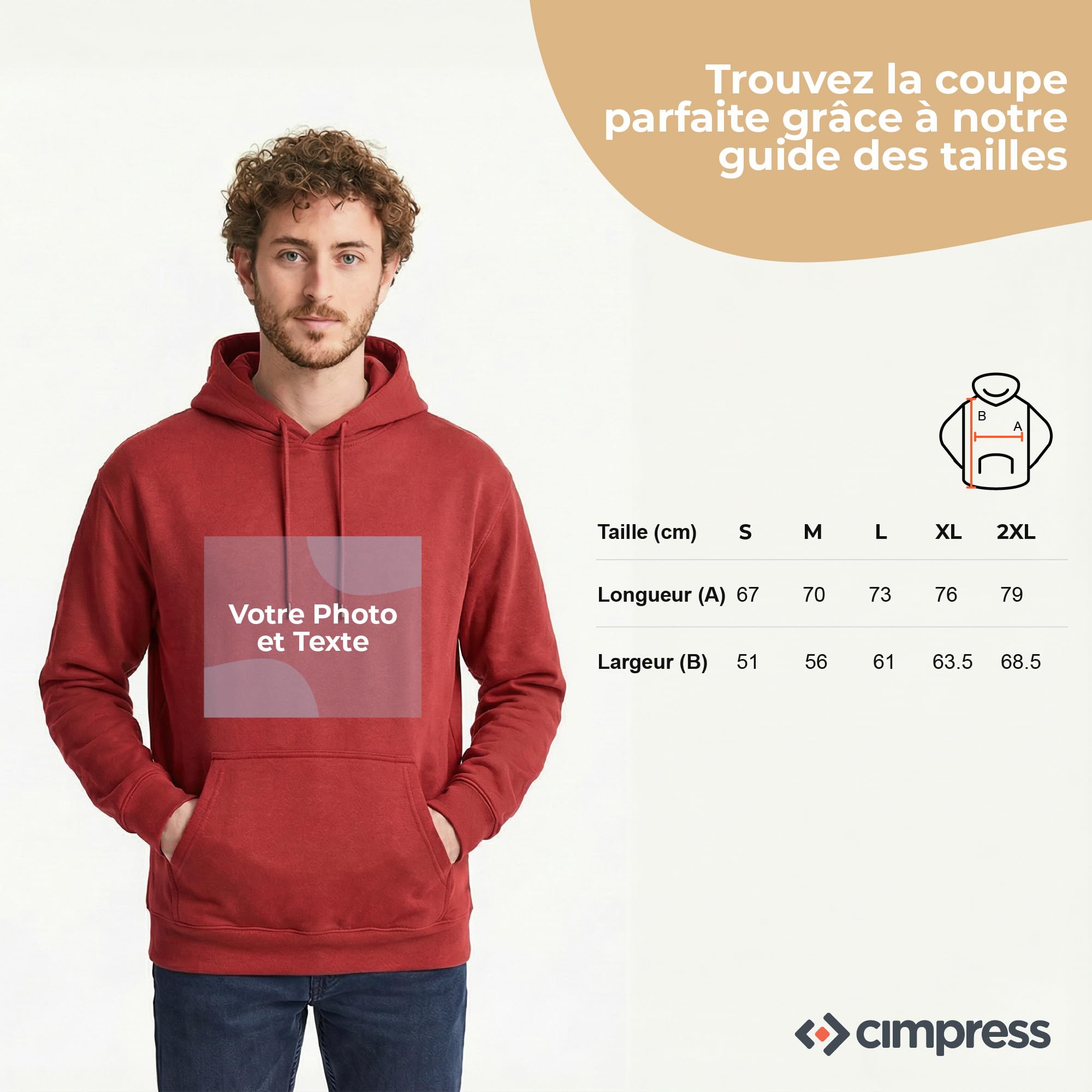 Cimpress Sweat à Capuche Homme Personnalisé, S à 2XL, Ajoutez Logo/Texte/Image, Frontale Uniquement, Idéal pour événements
