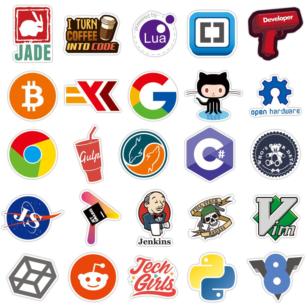 Sanmatic 100 sztuk naklejek na laptopa dla programistów, język programowania, zawiera naklejki IT-Logo, C ++, Python, Linux, Swift, dla geeków, inżynierów, hakerów, geeków, koderów
