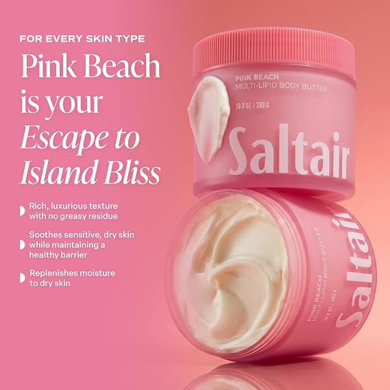 Saltair Multi-Lipid Body Butter Hydrating 24-Hour Moisture Body Cream for Soft Skin & Barrier Support Ceramides, Coconut Oil & Shea Butter for Dry Skin Care Pink Beach 10oz