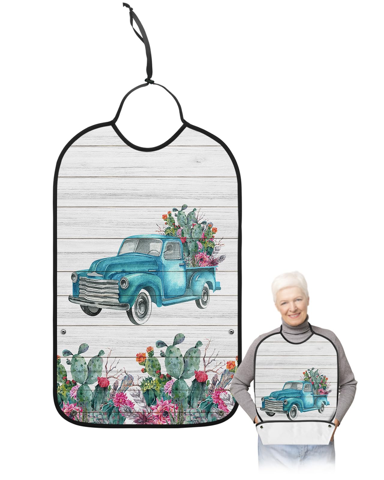 Summer Tropical Adult Bibs for Eating, Waterproof Bibs with Food Catcher & Adjustable Snap Closure, Teal Cactus Truck Rustic Wooden Washable Clothing Protectors Adult Bibs for Elderly Women/Men