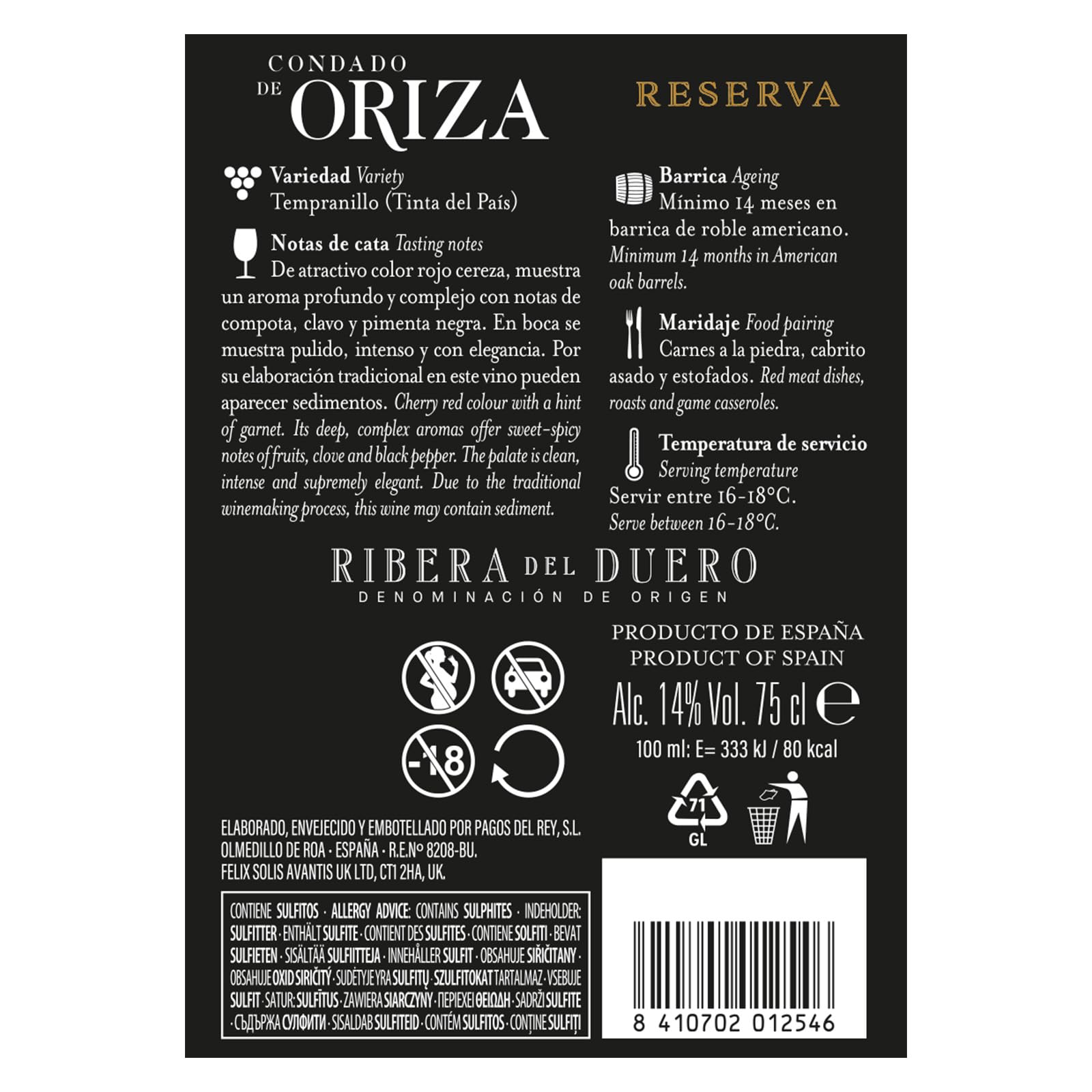 Condado de Oriza Tinto Reserva 750ml - Karton mit 6 x 750 ml - Gesamt: 4500 ml