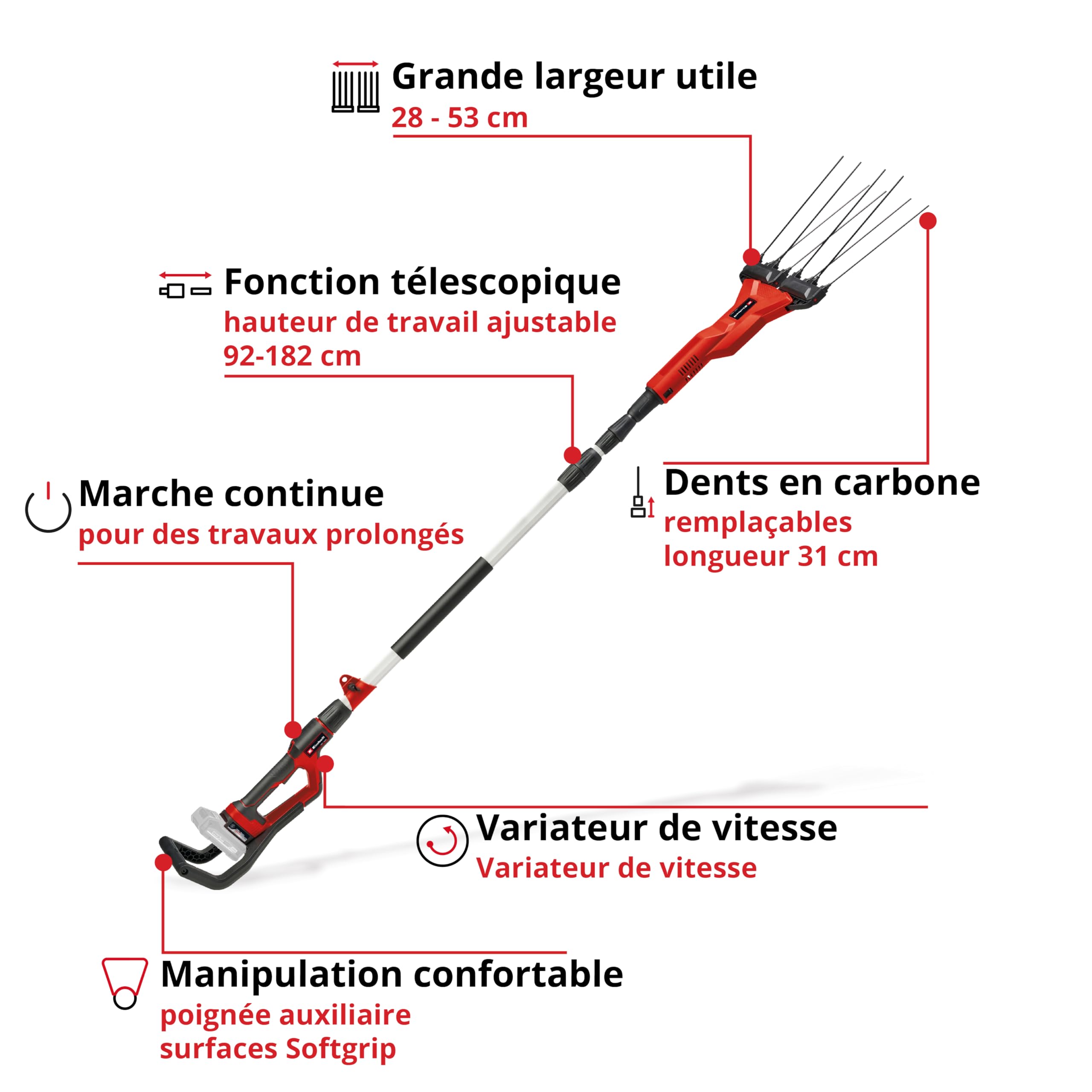 Einhell Secoueur de fruits sans fil GE-FS 18/53 Li-Solo Power X-Change (18V, Hauteur de travail avec fonction télescopique, Dents légères et robustes) Livré sans Batterie ni Chargeur