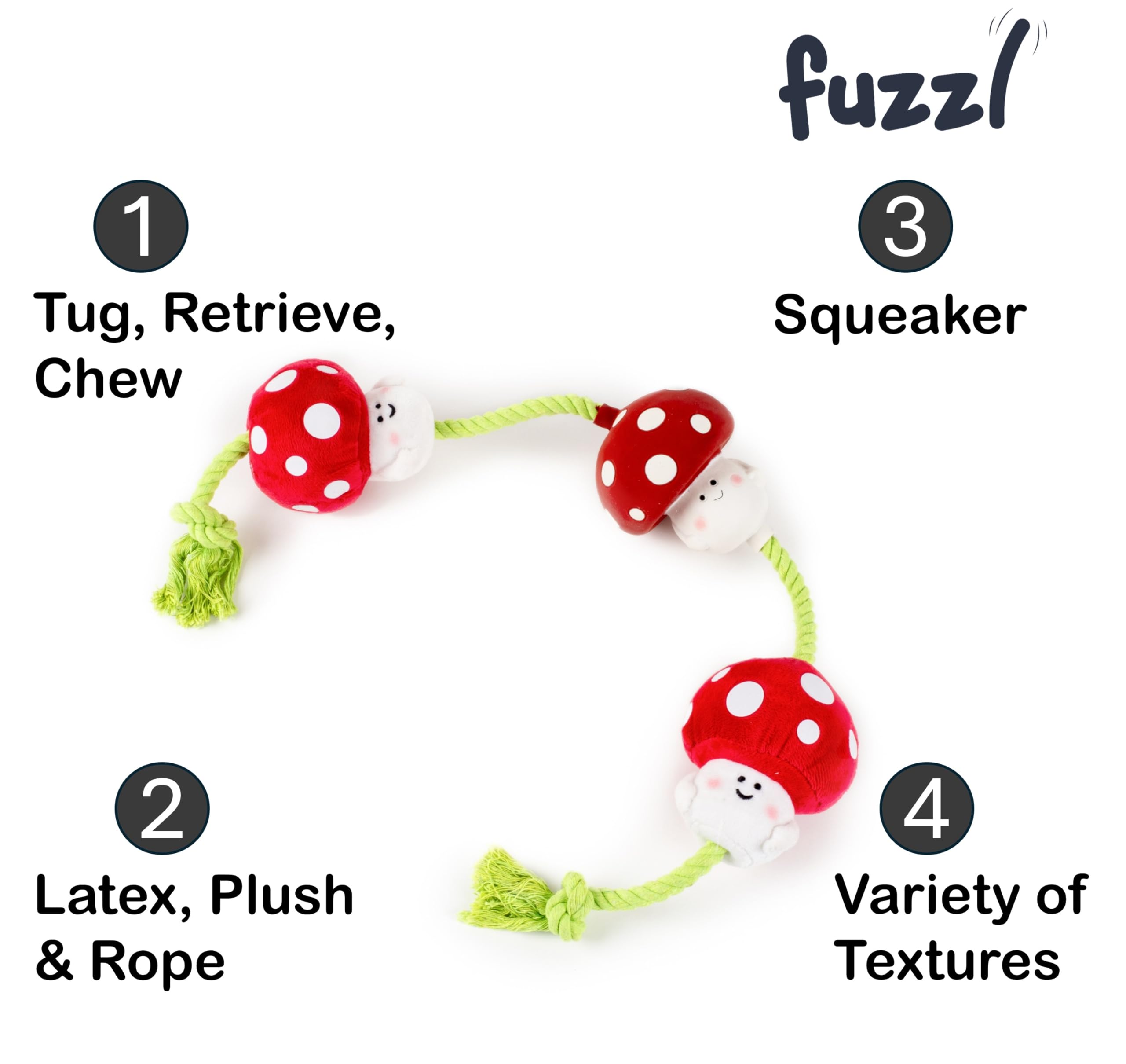 Fuzzl Tugga Magic Shrooms Dog Toy 75cm - Rope Latex and Plush Dog and Puppy Throw Fetch and Tug with Squeaker Mushrooms Enrichment - Image 2