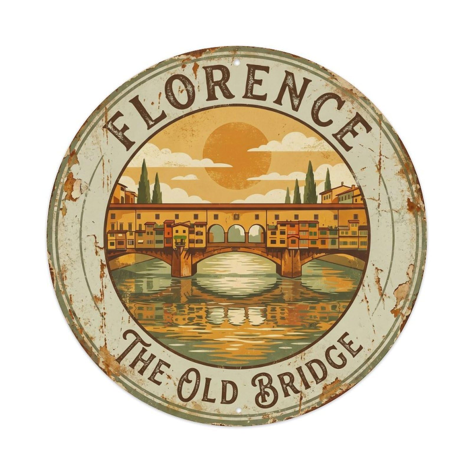 Vintage Travel Ponte Vecchio Florence Metal Tin Sign Plaque Wall Decor for Cafe, Club, Garden Round Metal Poster 8x8Inch