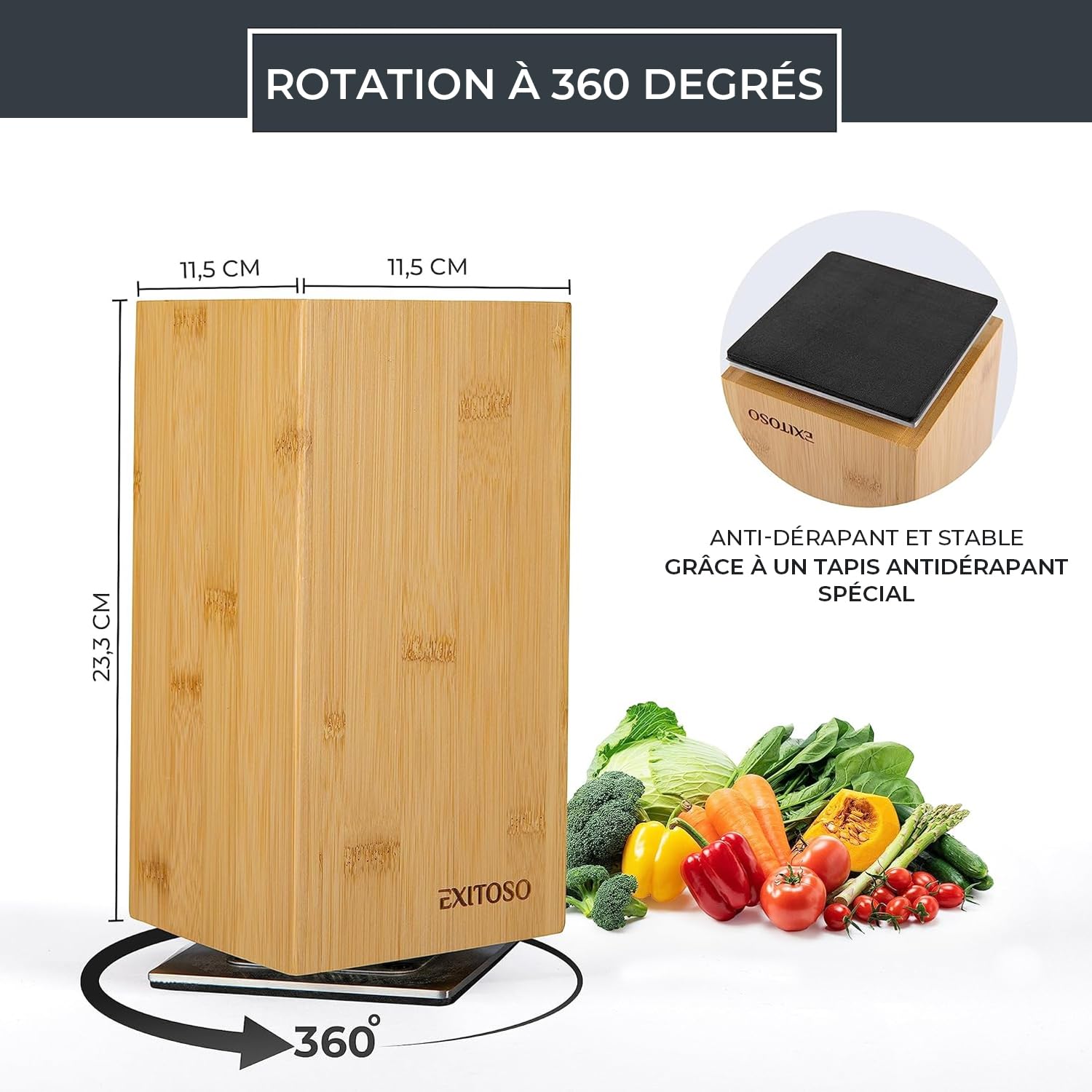 Exitoso NOUVEAU bloc à couteaux en bambou, rotatif à 360 degrés avec aimants à l'extérieur et insert en poils amovibles - espace pour jusqu'à 20 couteaux | rangement sécuritaire des couteaux