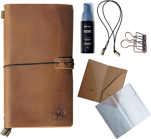 Leather Travelers Notebook Bonus Pack - Wanderings Refillable Travel Journal - Hand-Crafted Genuine Leather Journal with Added Leather Conditioner and Accessories - Blank Inserts - 22x11.4 cm