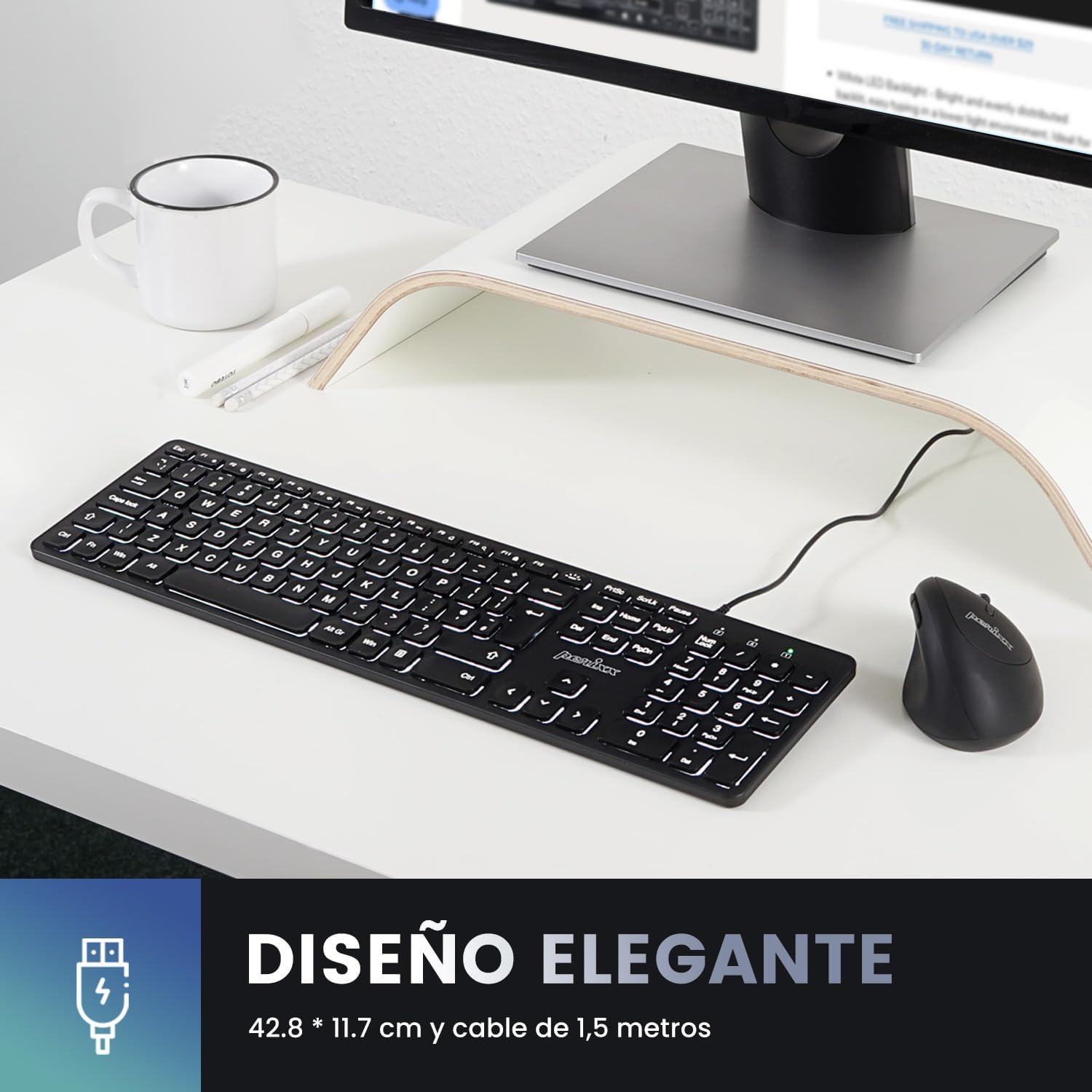 Perixx PERIBOARD-331 Teclado Full-Size USB retroiluminado con Cable - Teclas de tijera tipo X - Retroiluminación Blanca - Negro - QWERTY Español
