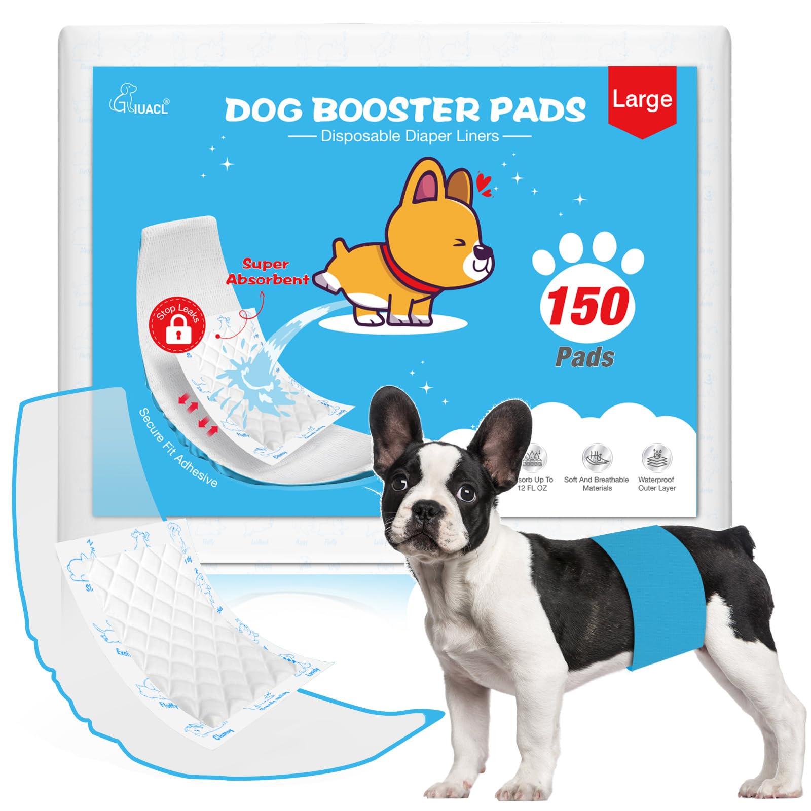 Pañales para perros machos y hembras, 150 unidades, almohadillas de refuerzo desechables de absorción ultrarrápida, protección perfecta para la mayoría de bandas reutilizables para el vientre de