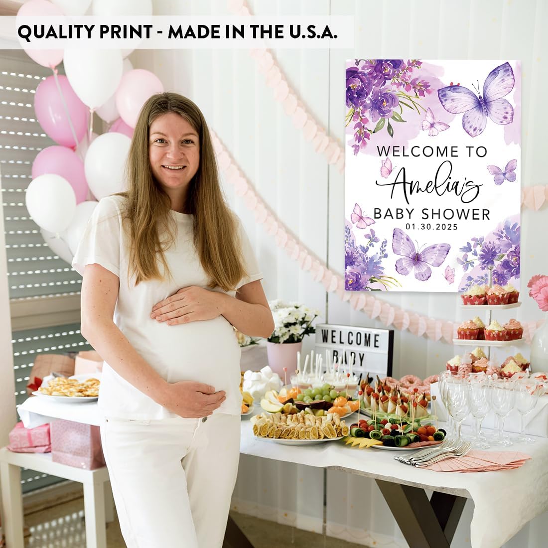 Andaz Press Butterfly Baby Shower Decorations, 16" X 20" A Little Butterfly Is On Her Way, Personalized Baby Shower Welcome Sign, Purple Florals Sign In Guest Book Alternative