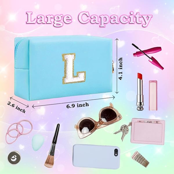 Small Personalized Initial Letter Makeup Bag, Cute Waterproof PU Leather Chenille Letter Cosmetic Bag Travel Makeup Bag, Preppy Makeup Pouch Toiletry Zipper Pouch Organizer for Women and Girls - 4