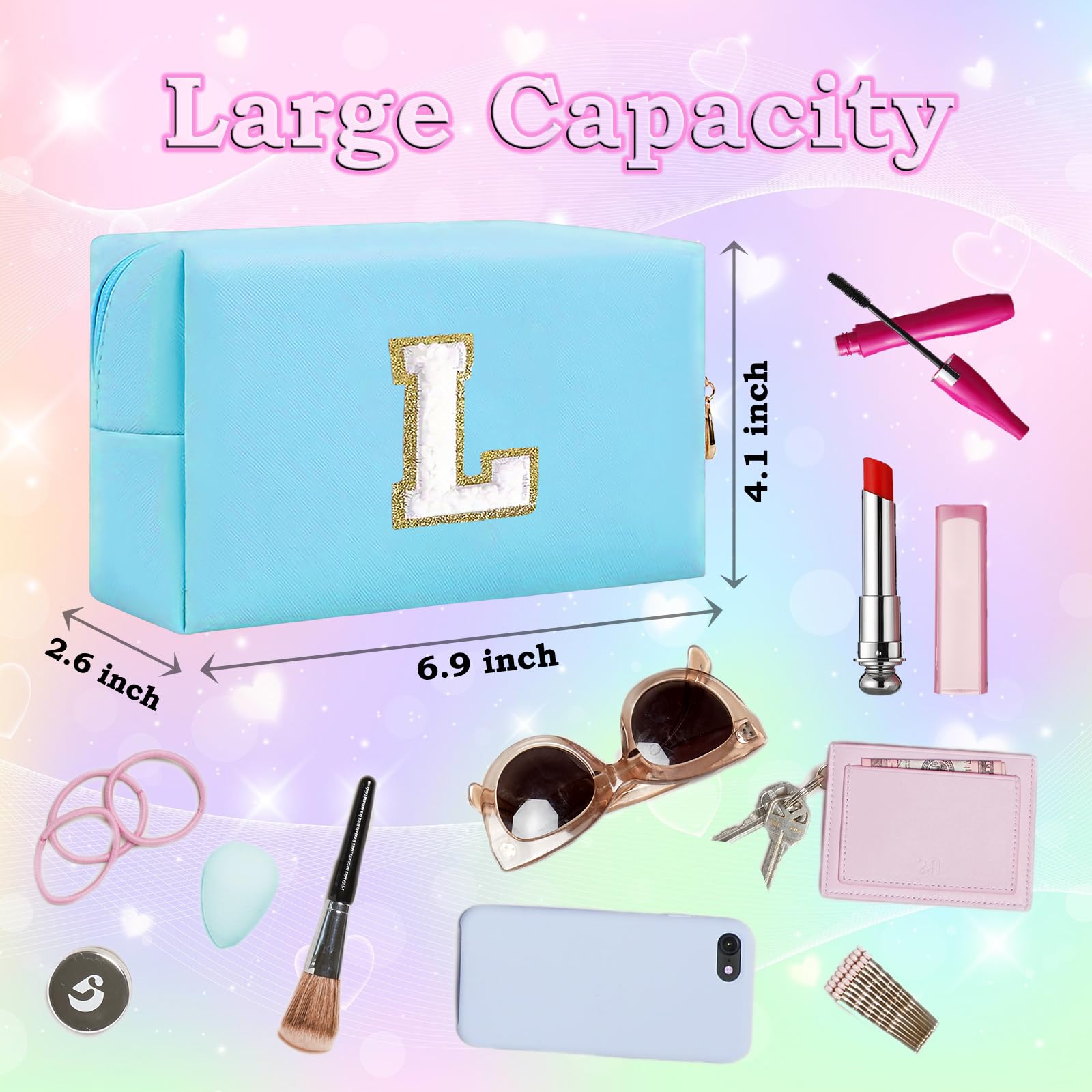 Small Personalized Initial Letter Makeup Bag, Cute Waterproof PU Leather Chenille Letter Cosmetic Bag Travel Makeup Bag, Preppy Makeup Pouch Toiletry Zipper Pouch Organizer for Women and Girls — view 4