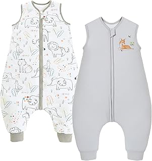 Chilsuessy 2er Pack Baby Schlafsack mit Füßen 2.5 Tog Winter Schlafsack Babyschlafsack mit Beinen Schlafstrampler für Jungen Mädchen, 2.5 Tog/Grau + Zoo, 80cm/Baby Höhe 90-100cm