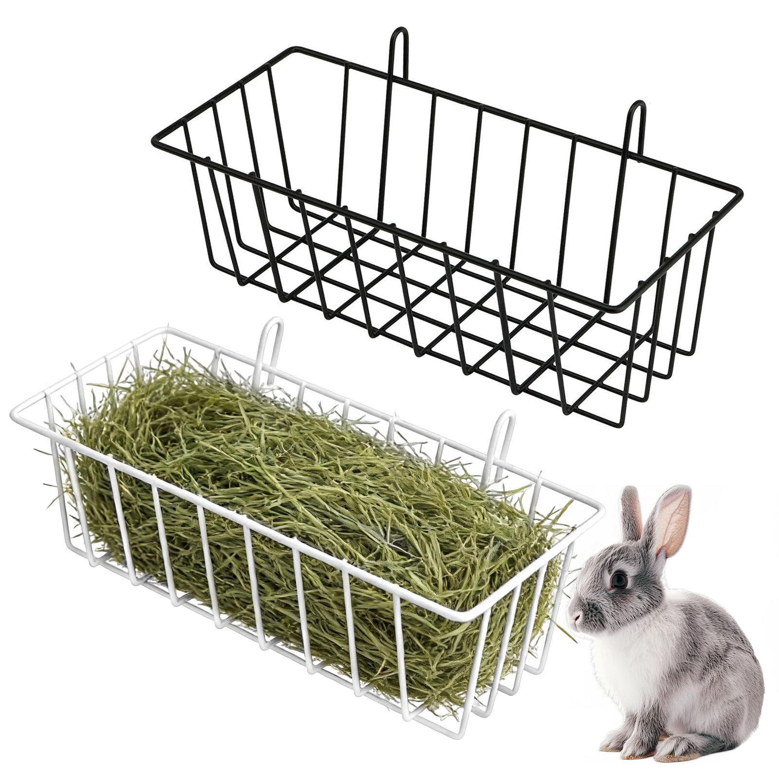 Rabbit Hay Feeder, 2 PCS Metal Hanging Hay Rack Guinea Pig Cage Accessories Less Wasted and Keeps Cage Clean for Chinchilla Bunny Hamster & Small Animal (Black & White, 23x10x7.5CM)
