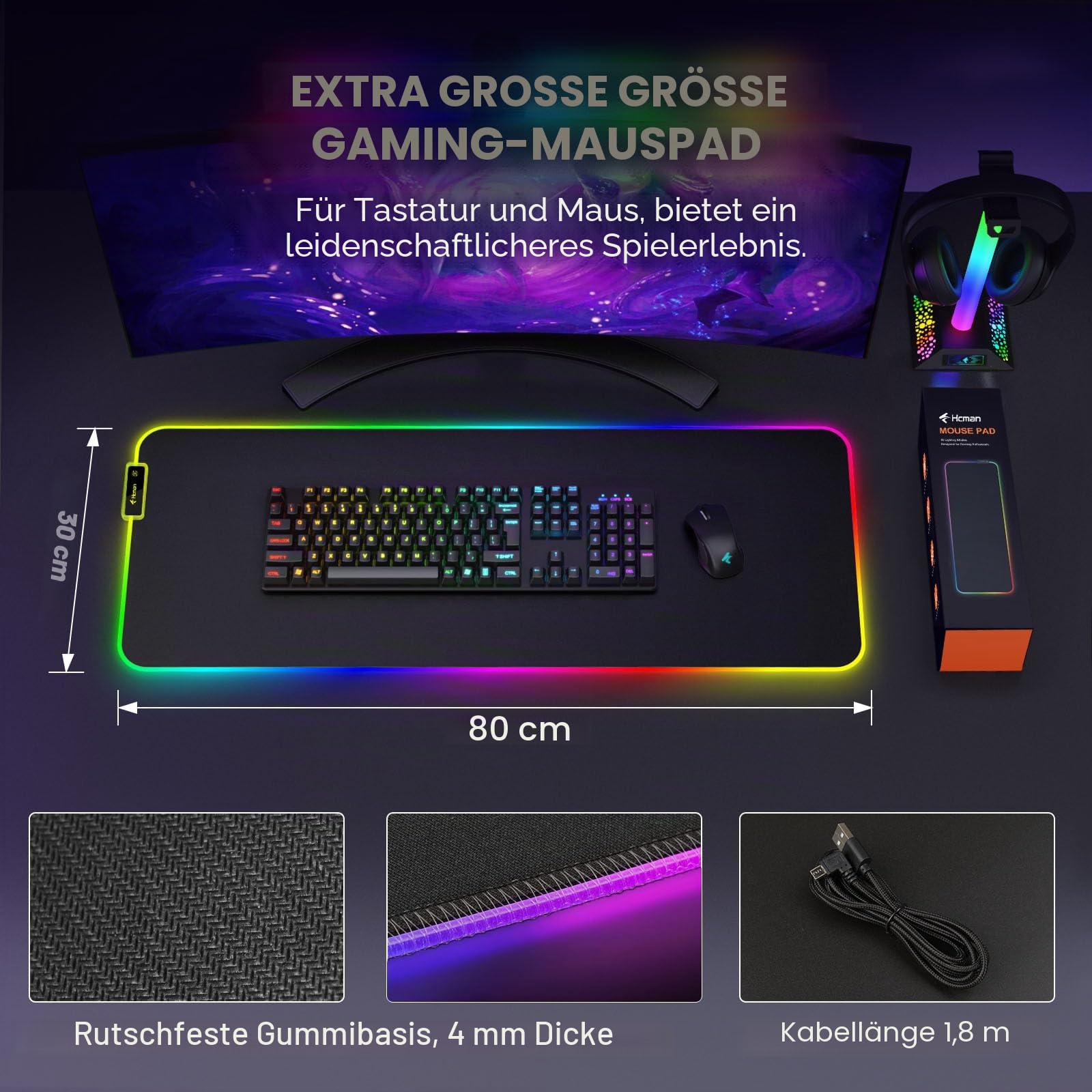 Hcman RGB Gaming Mauspad XXL - 800x300mm Mousepad mit Rutschfester Gummibasis, 7 LED Farben, 10 Beleuchtungs Modi Mouse Pad für Computer PC Professionelle Gamer(Schwarz)