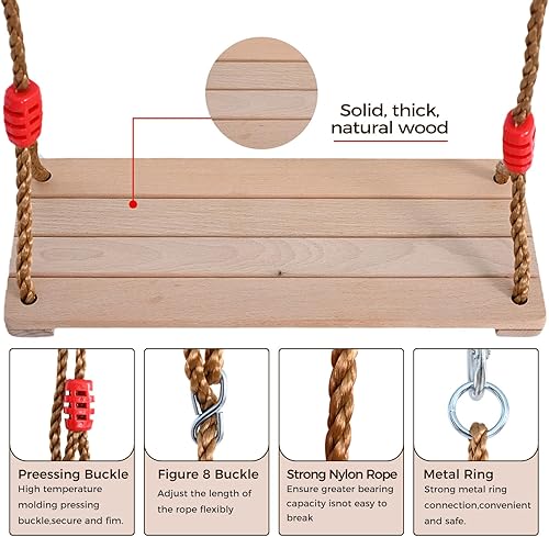 Miniatura 3 de Asiento columpio de madera de haya maciza para niños, juego de columpio de cuerda ajustable para niños de 16 x 6 x 0.5 pulgadas, silla colgante