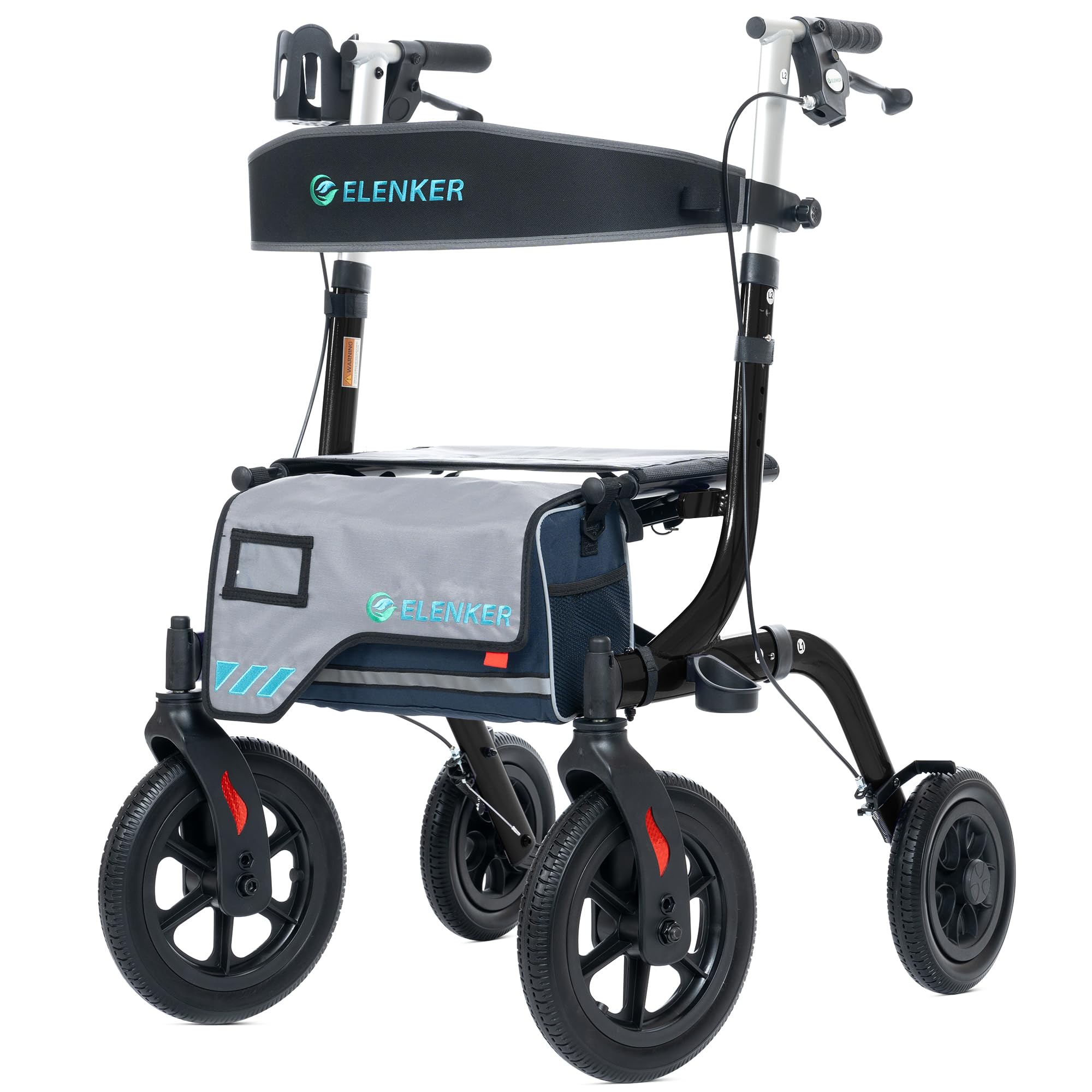 ELENKER All-Terrain Rollator Walker with Seat, Outdoor Rolling Walker, 12” Non-Pneumatic Tire Front Wheels, Compact Folding Design for Seniors, Black
