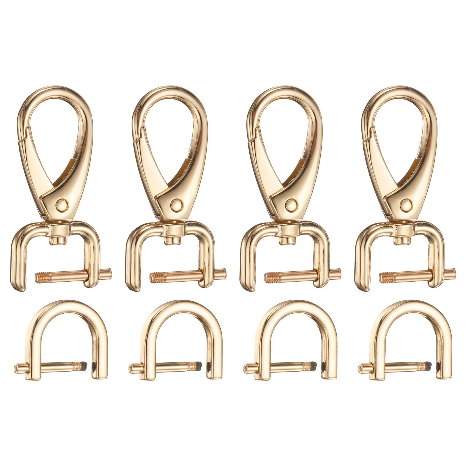 sourcing map 4pcs Detachable Snap Hook Swivel Clasp 1/16" (1.6mm) Zinc Alloy Lobster Claw Clasp with 4pcs D-Rings Screw in Shackle for Keychain Lanyard Purse Strap, Light Gold