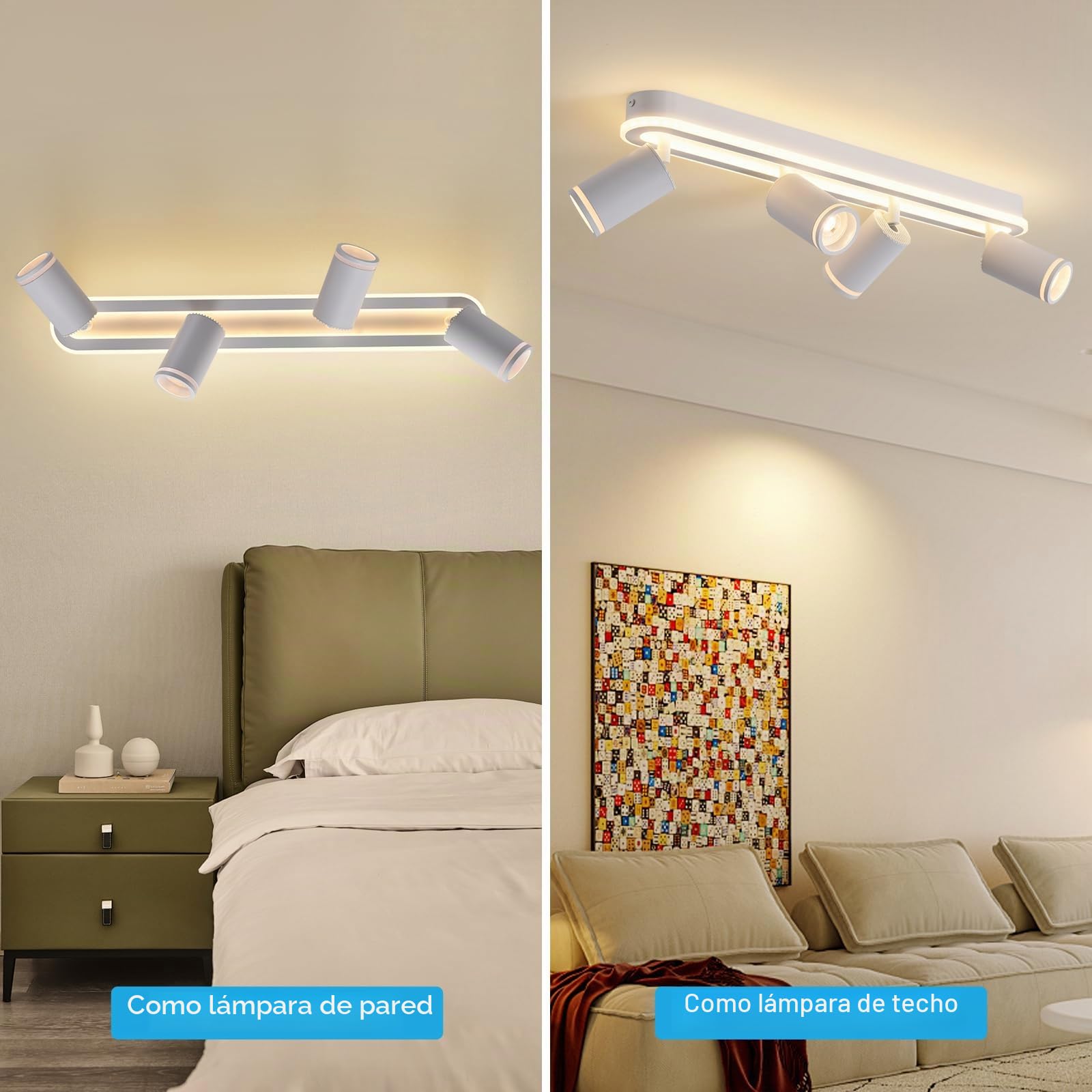 SANSHI Lámpara de Techo LED 4 Focos Orientables,Giratorio 350°,Blanco | iluminación de techo con brillo inferior 36W+4x5W GU10,Aplique de Pared 3000 K Blanco Cálido,focos de techo Para Salón