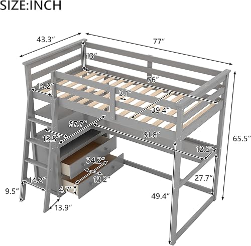 Miniatura 2 de SIYSNKSI Moderna cama alta de tamaño individual con escritorio y estantes marco de cama de madera maciza con 2 cajones integrados y barandilla