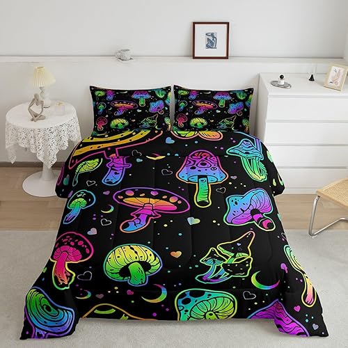 Erosebridal Juego de Edredón de Hongos Queen, Juego de Ropa de Cama Botánica Brillante Kawaii de Plantas Silvestres, Edredón de Plumón para Niños,