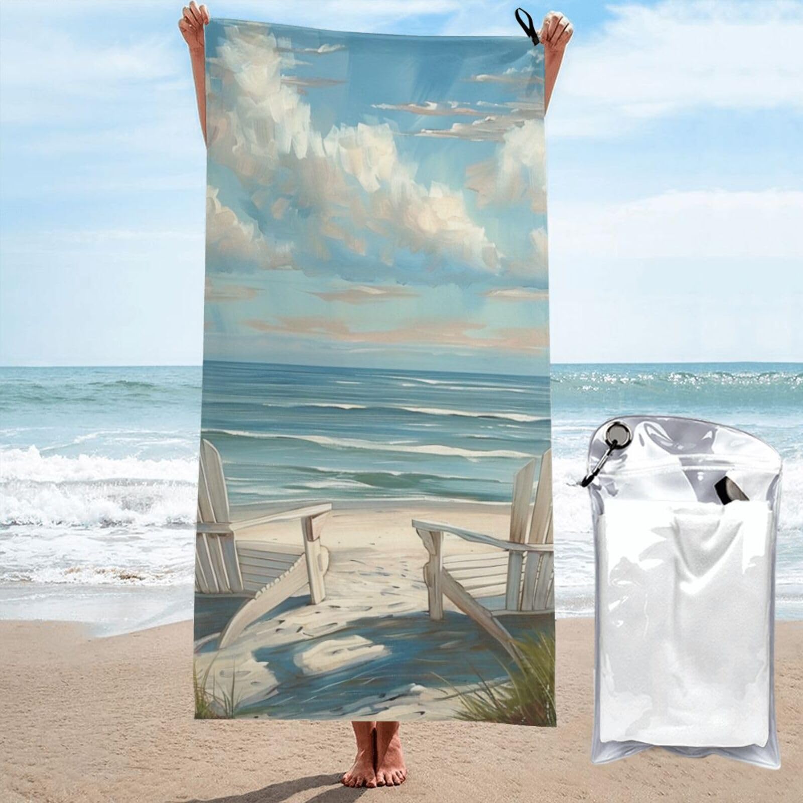 kkvhhyuo Microfiber Beach Towel, beach scene with chairs Printed Lightweight Quick Dry Travel Bath Sheet with Compact Carry Bag for Swimming Yoga Camping Gym,31.5"x63"