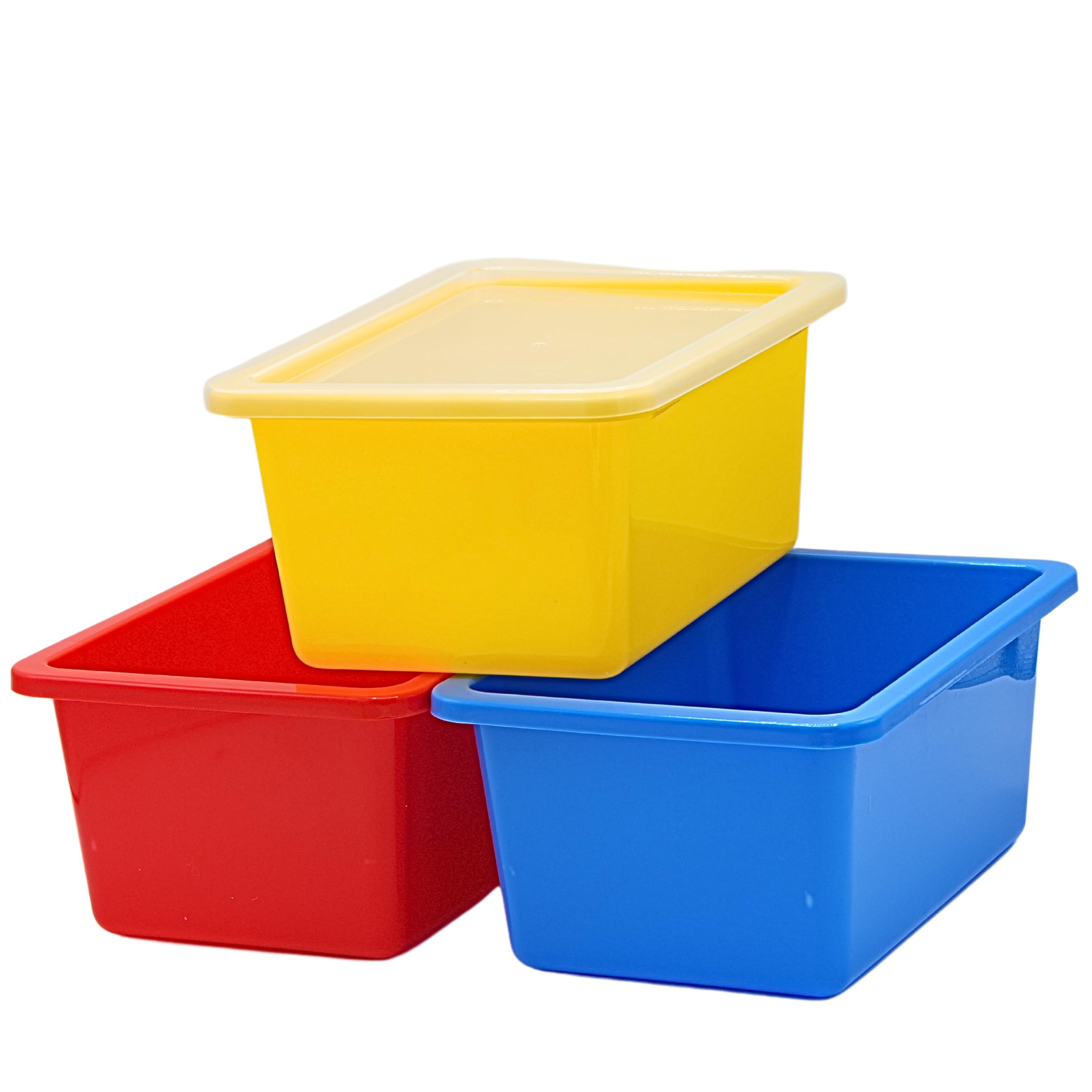 4E's Novelty Plastic Storage Bins with Lids, 5 Qt, 3 Pack, Colorful Plastic Cubby Storage Bins, Stackable Organizer Cubbies for Classroom Organization and Storage or Home (11.4" x 7.75" x 5")