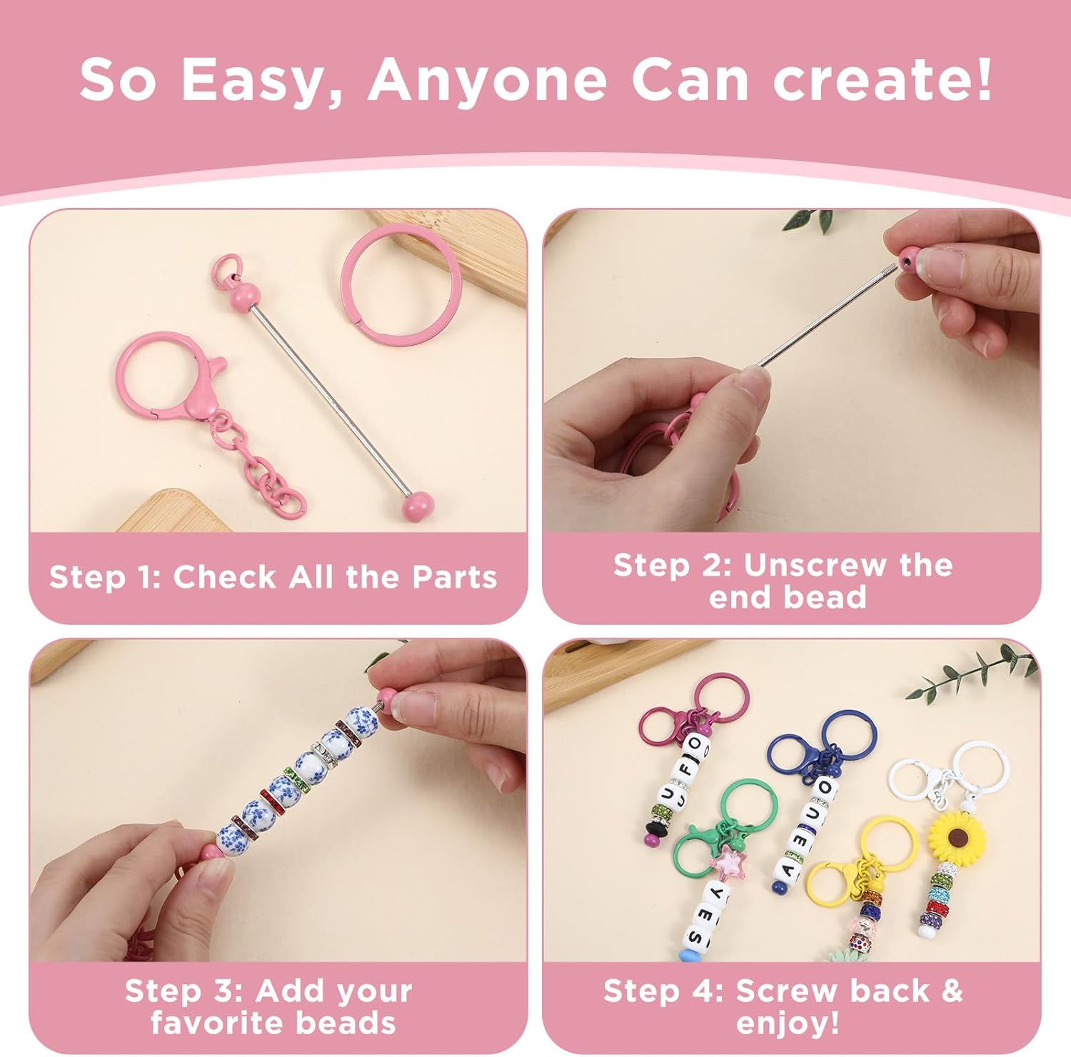 50 Pcs Beadable Keychains - 10 Colors Blank Beaded Keychain, Bead Keychains Making Bulk Kit Accessories, Beadable Keychain Bars for DIY Crafts, Jewelry and Bag Charms - Image 2