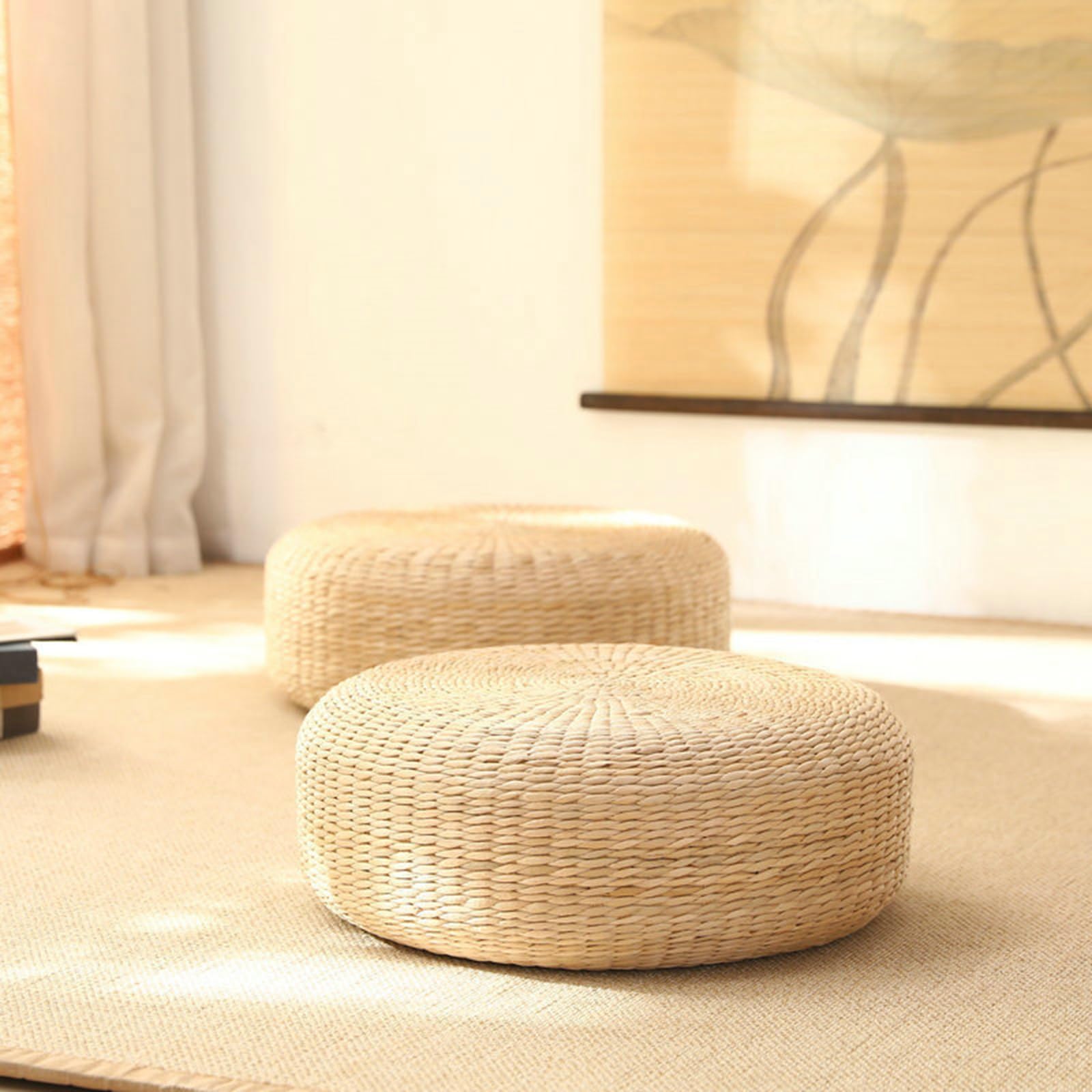 Folpus Woven Straw Cushion Rustic Woven Tatami Cushion Thicken
