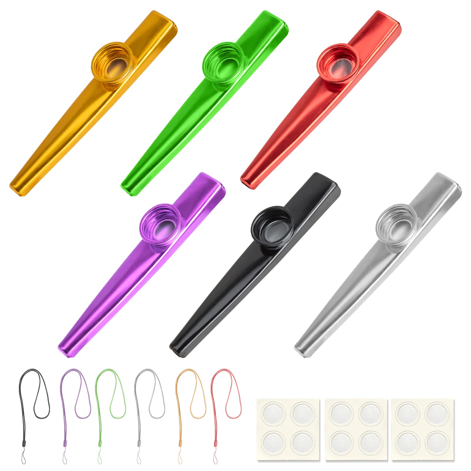 Kazoos of 6 Pack,Multipack Metal Kazoo Musical Instruments kazoo Instrument with 12 Flute Membranes & 6 Lanyards Good Companion for Children Kids & Music Lover Beginners