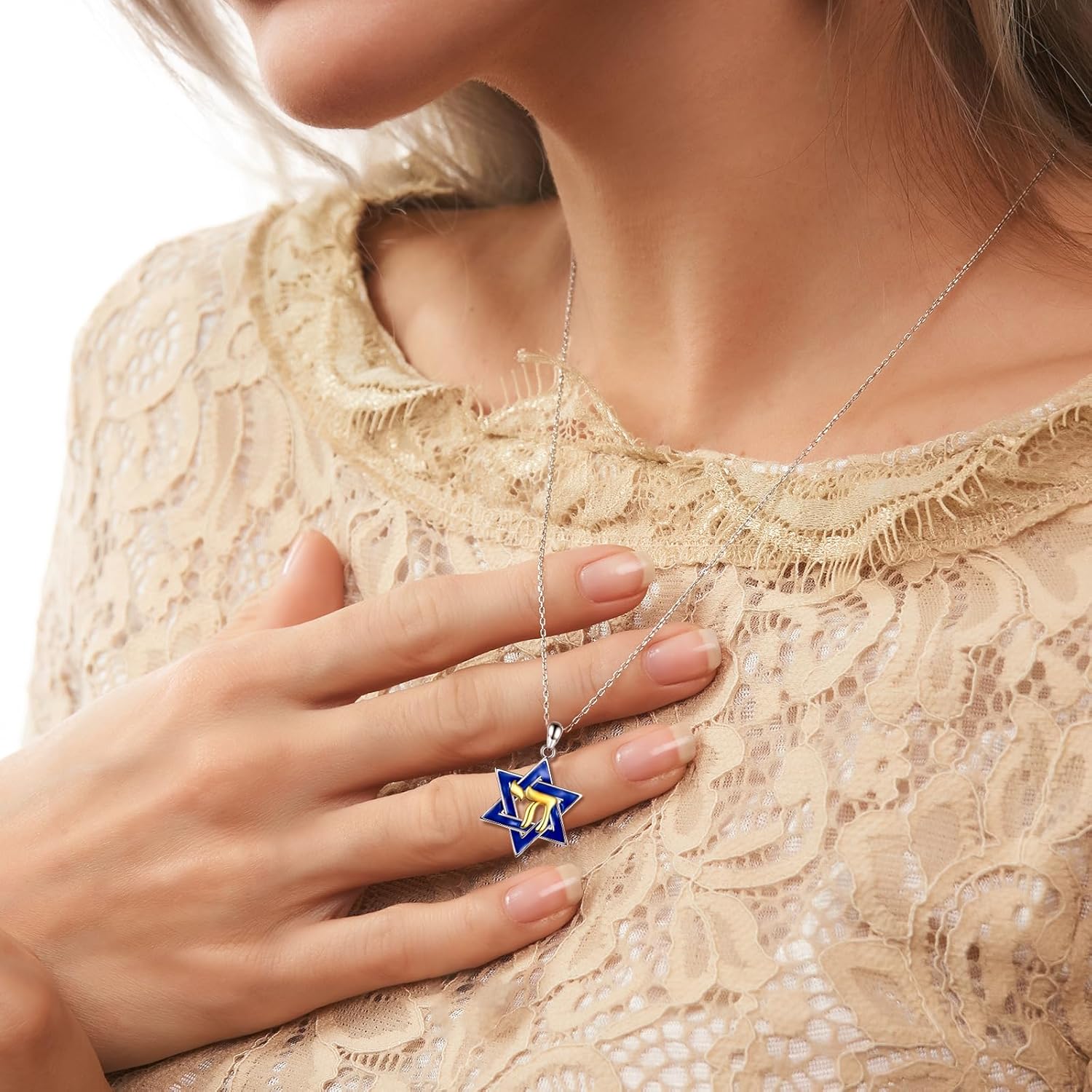 APOTIE Silver Blue Star of David pendant with Gold Chai Necklace Mother Day Jewelry Gift for Mom Women(Gold Chai Blue Star of David Necklace) - Image 4